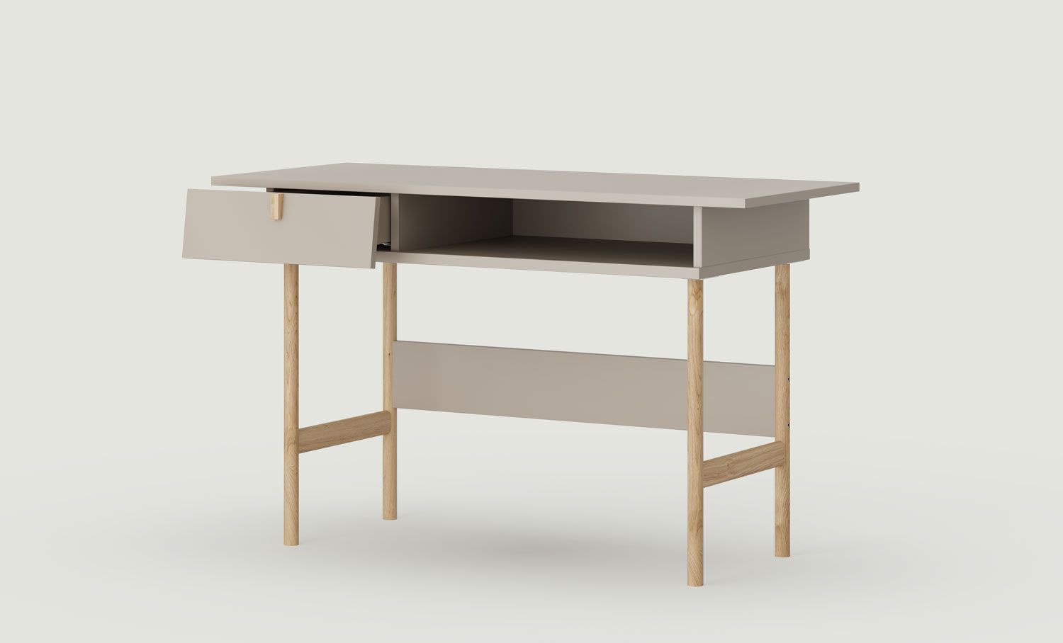 SKRA SKR88 Schreibtisch
Farbe: Esche Weiß Lehm
Griff: Eiche Wedge
Beine: Eiche geölt
                            
                            
