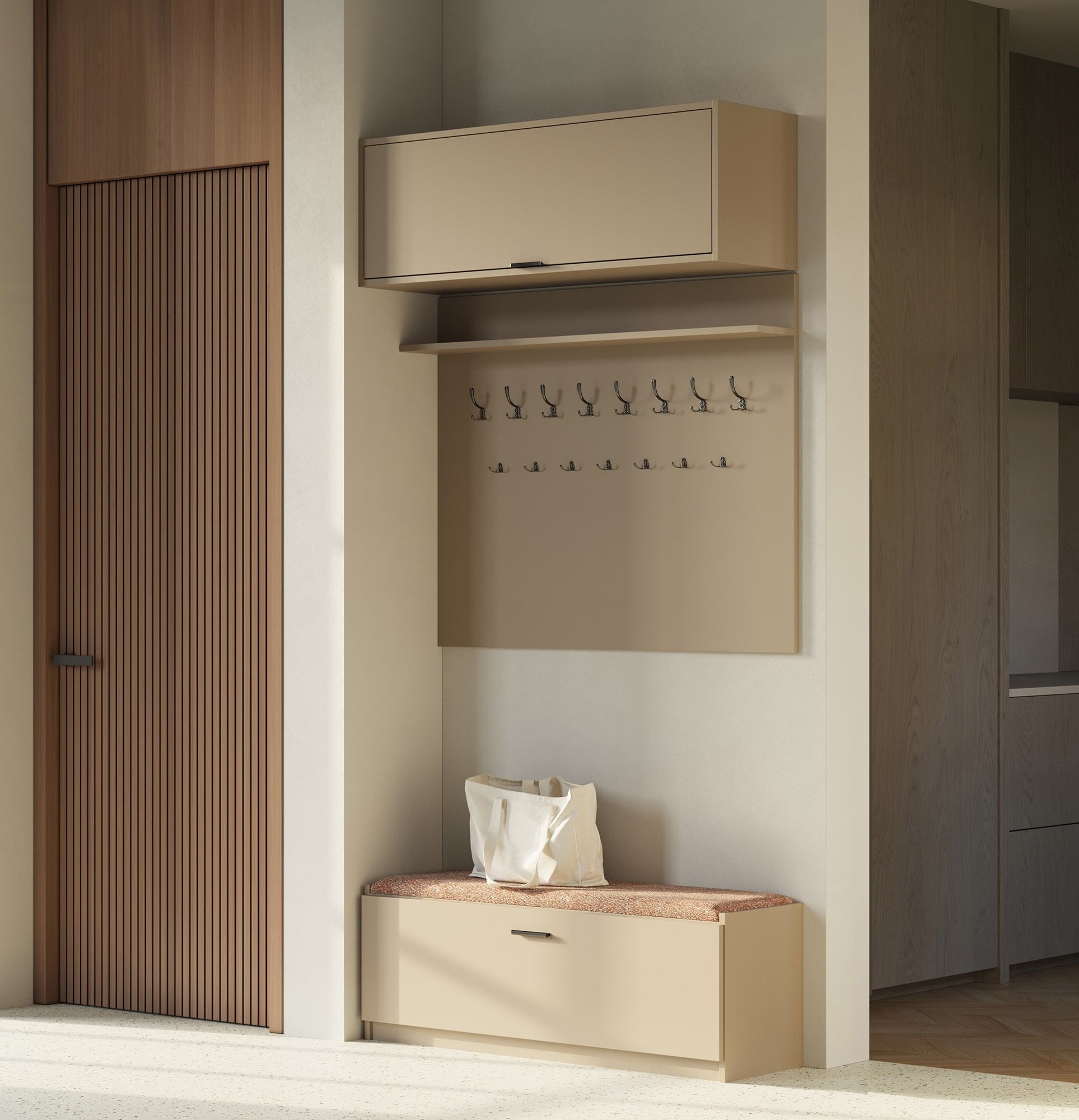 Großer Garderobenständer W5 + Schuhschrank SBE1
Farbe: Cappuccino
Sitz: Terra 04
Griff: LING schwarz KLCZ Kantengriff
Haken Typ: CZW01/03 Schwarz