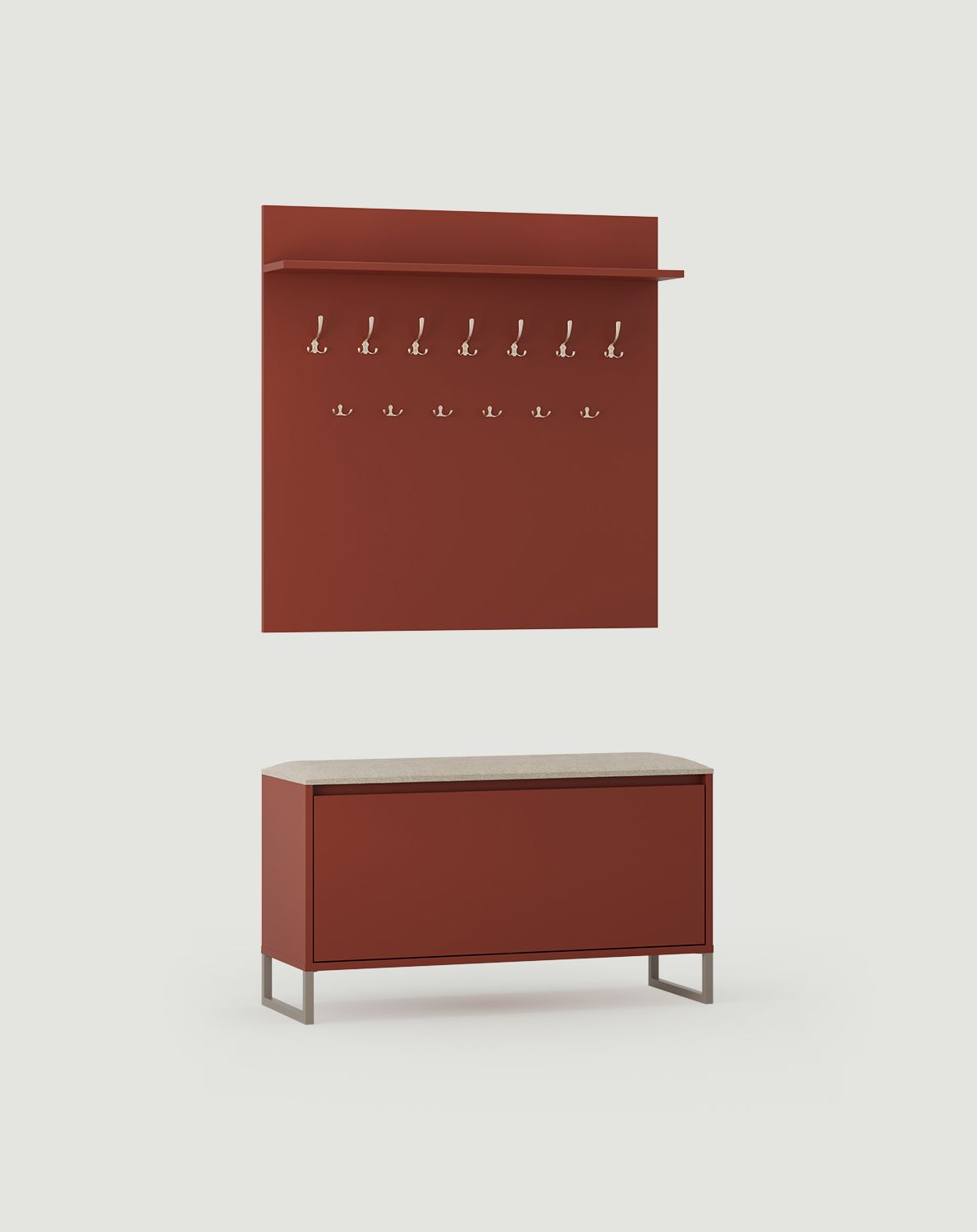Großer Kleiderbügel W6 + Schuhschrank SBD2
Farbe: Feuriges Terrakotta
Sitz: Terra 02
Farbe der Beine: ODIS Steel Grey Beige
Haken Typ: SW01/03 Satin
                            