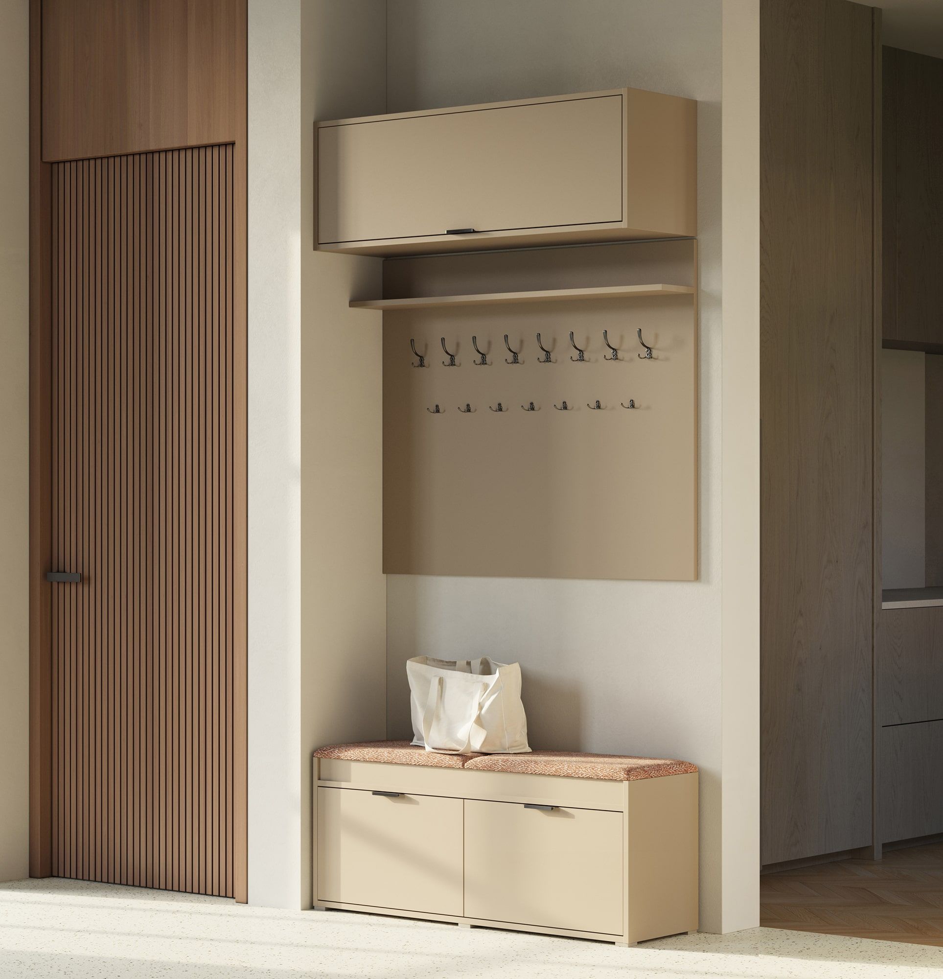 Großer Garderobenständer W6 + Schuhschrank SBC1
Farbe: Cappuccino
Sitz: Terra 04
Griff: LING schwarz KLCZ Kantengriff
Haken Typ: CZW01/03 Schwarz