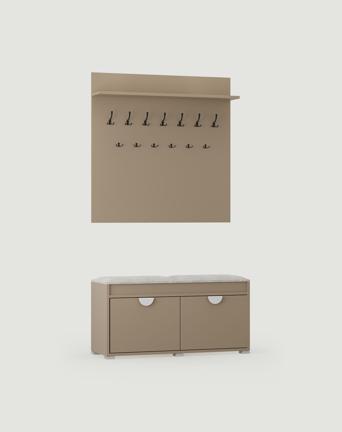 Großer Garderobenständer W6 + Schuhschrank SBC1
Farbe: Cappuccino
Sitz: Moos 01
Griff: RIND Holzgriff Weiß
Haken Typ: CZW01/03 Schwarz
                            