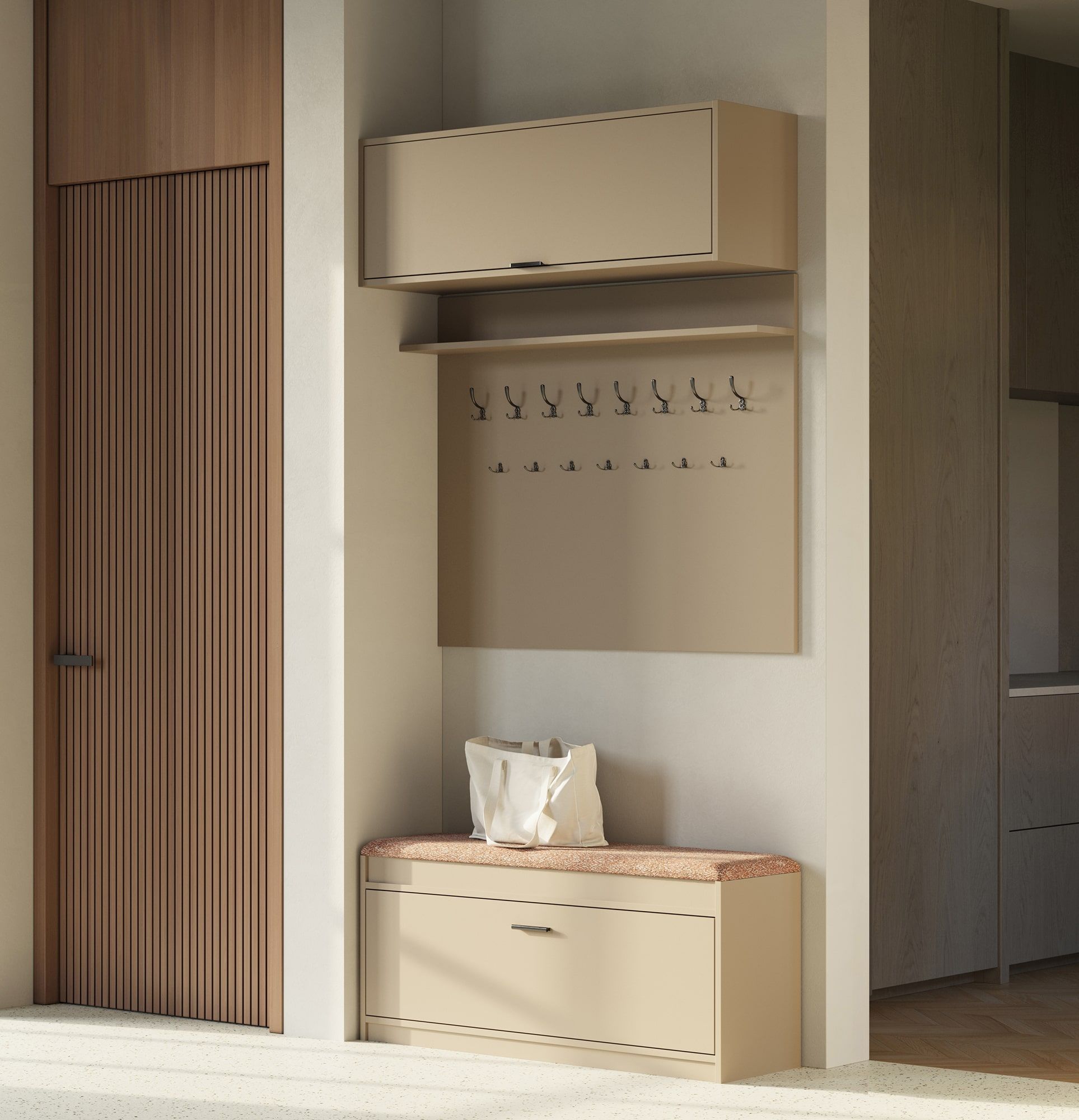 Großer Garderobenständer W6 + Schuhschrank SBS1
Farbe: Cappuccino
Sitz: Terra 04
Griff: LING schwarz KLCZ Kantengriff
Haken Typ: CZW01/03 Schwarz