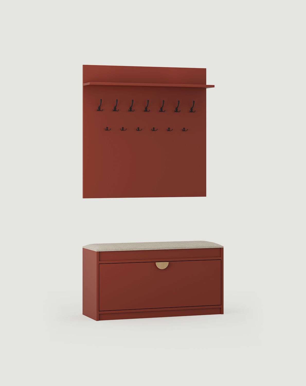 Großer Kleiderbügel W6 + Schuhschrank SBS1
Farbe: Feuriges Terrakotta
Sitz: Terra 02
Griff: RIND Holzgriff Eiche
Haken Typ: CZW01/03 Schwarz
                            