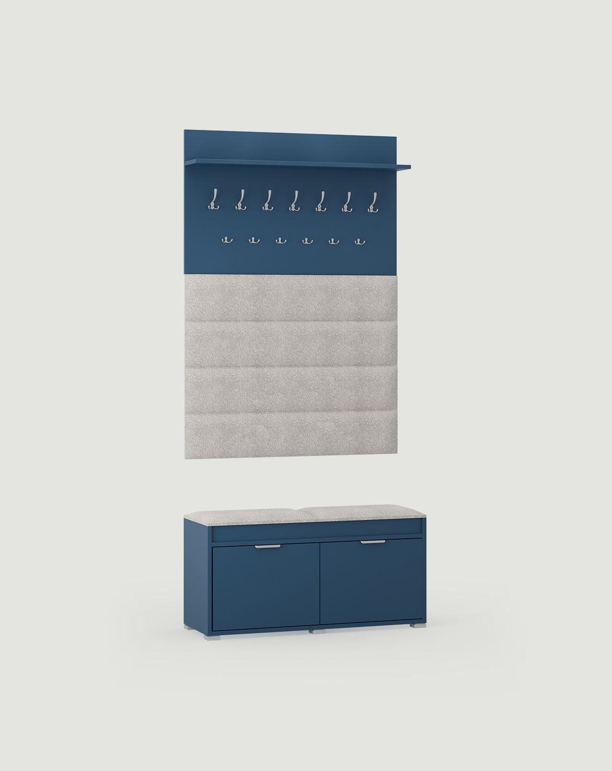 Großer Kleiderbügel mit Paneelen W5P + Schuhschrank SBC1
Farbe: Tiroler Blau
Sitz: Moos 01
Griff: LING Silber KLS Kantengriff
Haken Typ: AW01/03 Aluminium
                            
