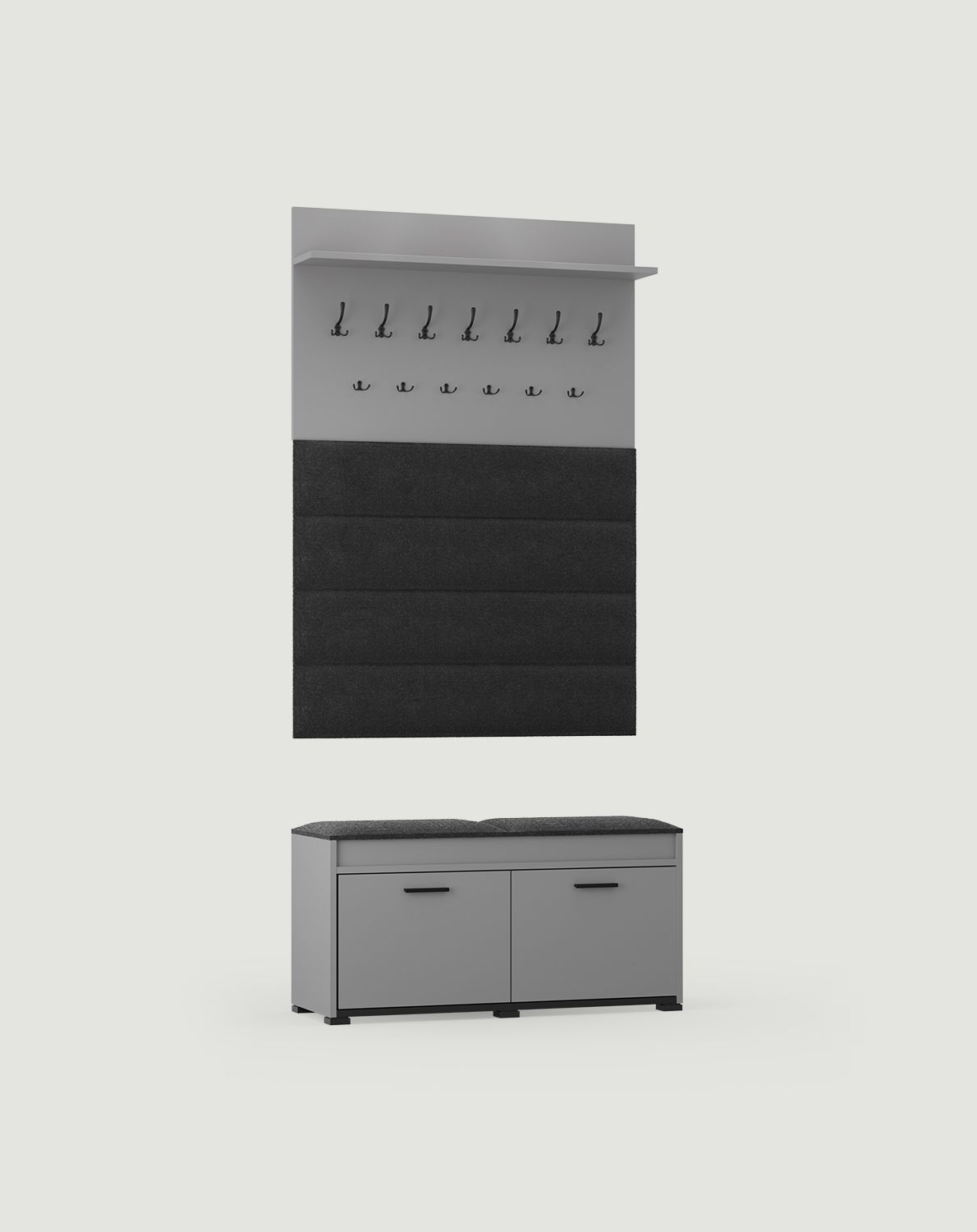 Großer Kleiderbügel mit Paneelen W5P + Schuhschrank SBC2
Farbe: Moondust
Sitz: Moos 04
Griff: DAG Schwarzer Lattengriff DCZ
Haken Typ: CZW01/03 Schwarz
                            