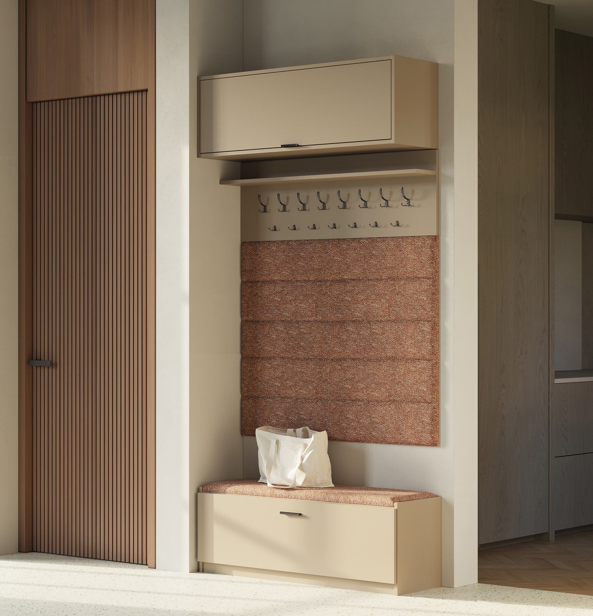 Großer Garderobenständer mit Paneelen W5P + Schuhschrank SBE1
Farbe: Cappuccino
Sitz: Terra 04
Griff: LING schwarz KLCZ Kantengriff
Haken Typ: CZW01/03 Schwarz