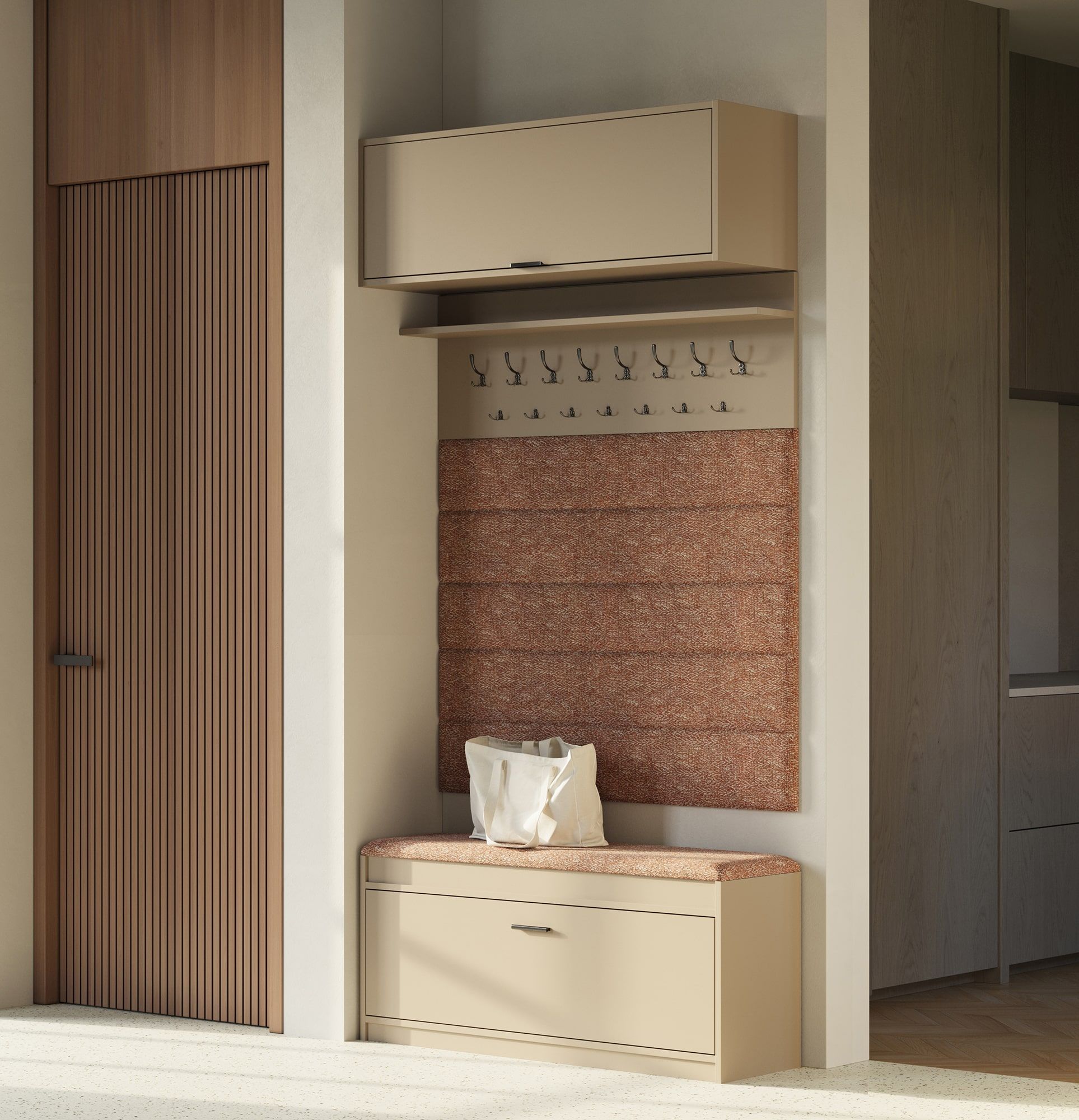 Großer Garderobenständer mit Paneelen W5P + Schuhschrank SBS1
Farbe: Cappuccino
Sitz: Terra 04
Griff: LING schwarzer Kantengriff KLCZ
Haken Typ: CZW01/03 Schwarz