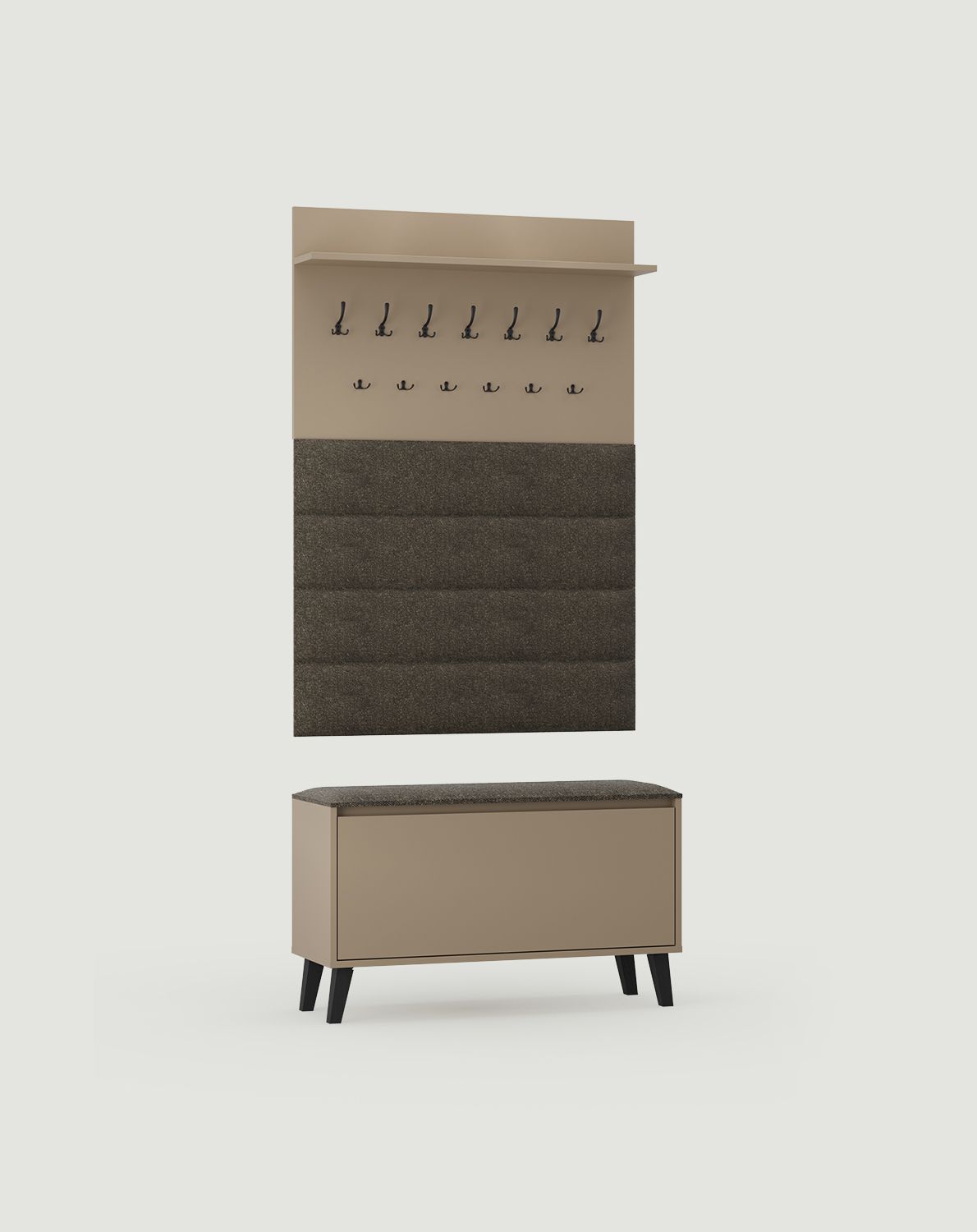 Großer Kleiderbügel mit W5P Paneelen + FENRIS SBD3 Schuhschrank
Farbe: Cappuccino
Sitz: Moos 05
Haken: CZW01/03 Schwarz
Bein: Trapezkiefer Schwarz
                            