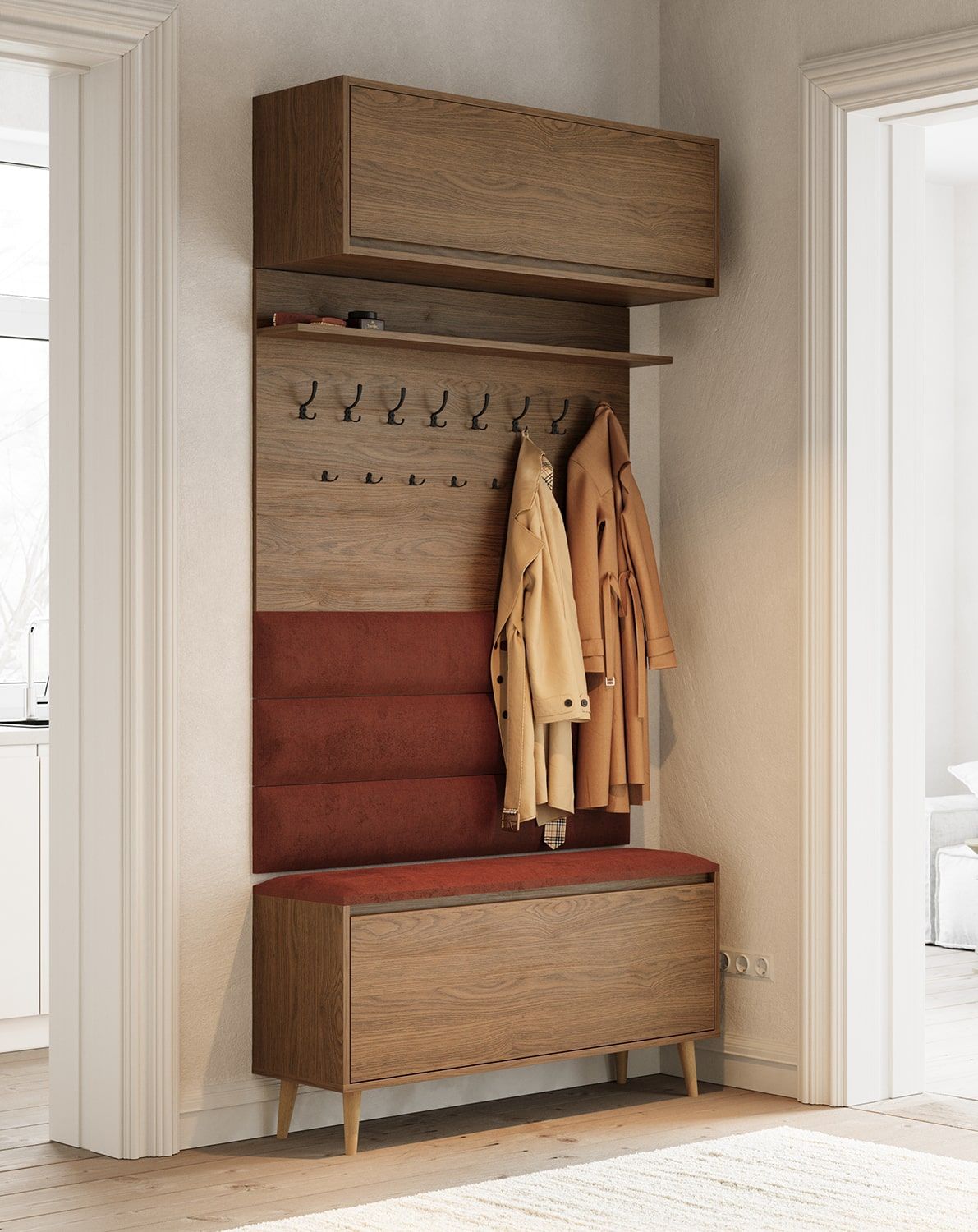 Großer Kleiderbügel mit W5P Paneelen + FENRIS SBD3 Schuhschrank
Farbe: Rustikale Eiche
Sitz: Nassau 01
Haken: CZW01/03 Schwarz
Bein: Walnuss Buche gebeizt