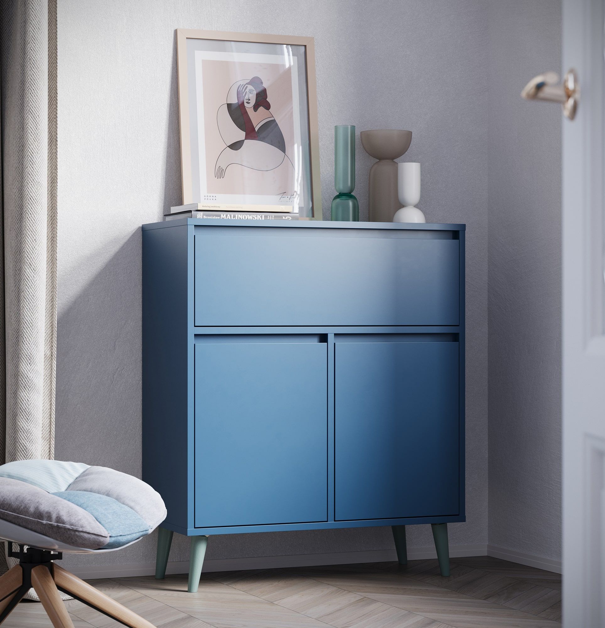 FKK6 Kommode FENRIS
Farbe: Tiroler Blau
Beine: Buche Walnuss Esche