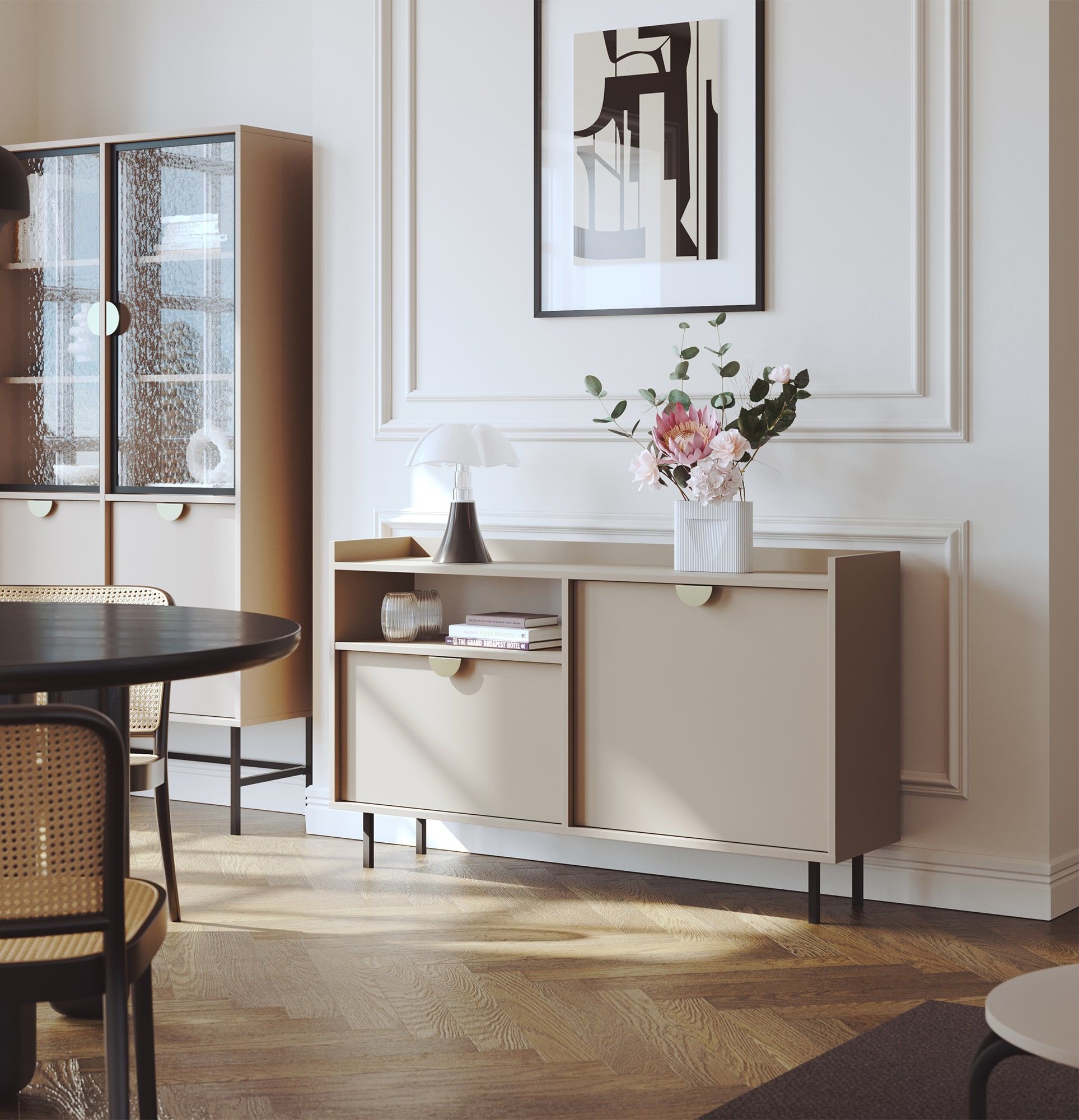 RTV-Schrank SIGI KS2TV1
Farbe: Cappuccino
Fuß: Schwarz
Griff: RIND-Griff Gold