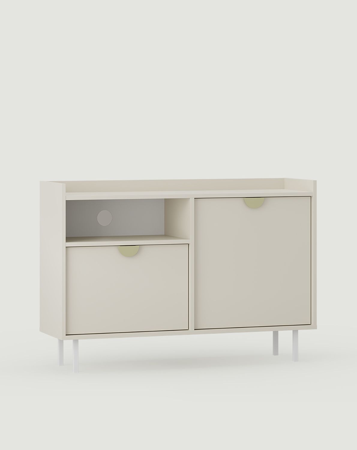 RTV-Schrank SIGI KS2TV1
Farbe: Milky Way
Fuß: Weiß
Griff: RIND Griff Gold