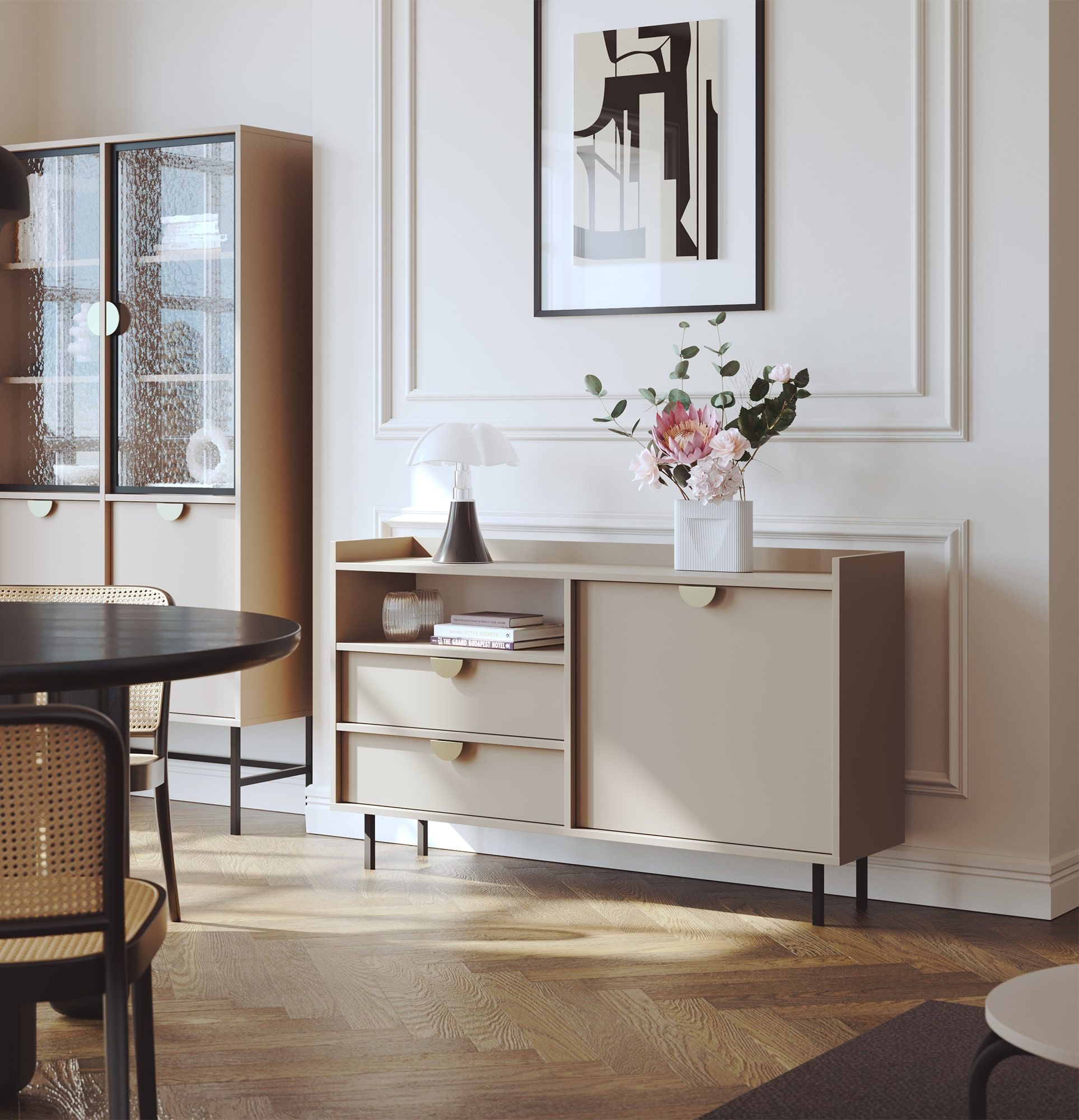 RTV-Schrank SIGI KS2TV2S
Farbe: Cappuccino
Fuß: Schwarz
Griff: RIND-Griff Gold