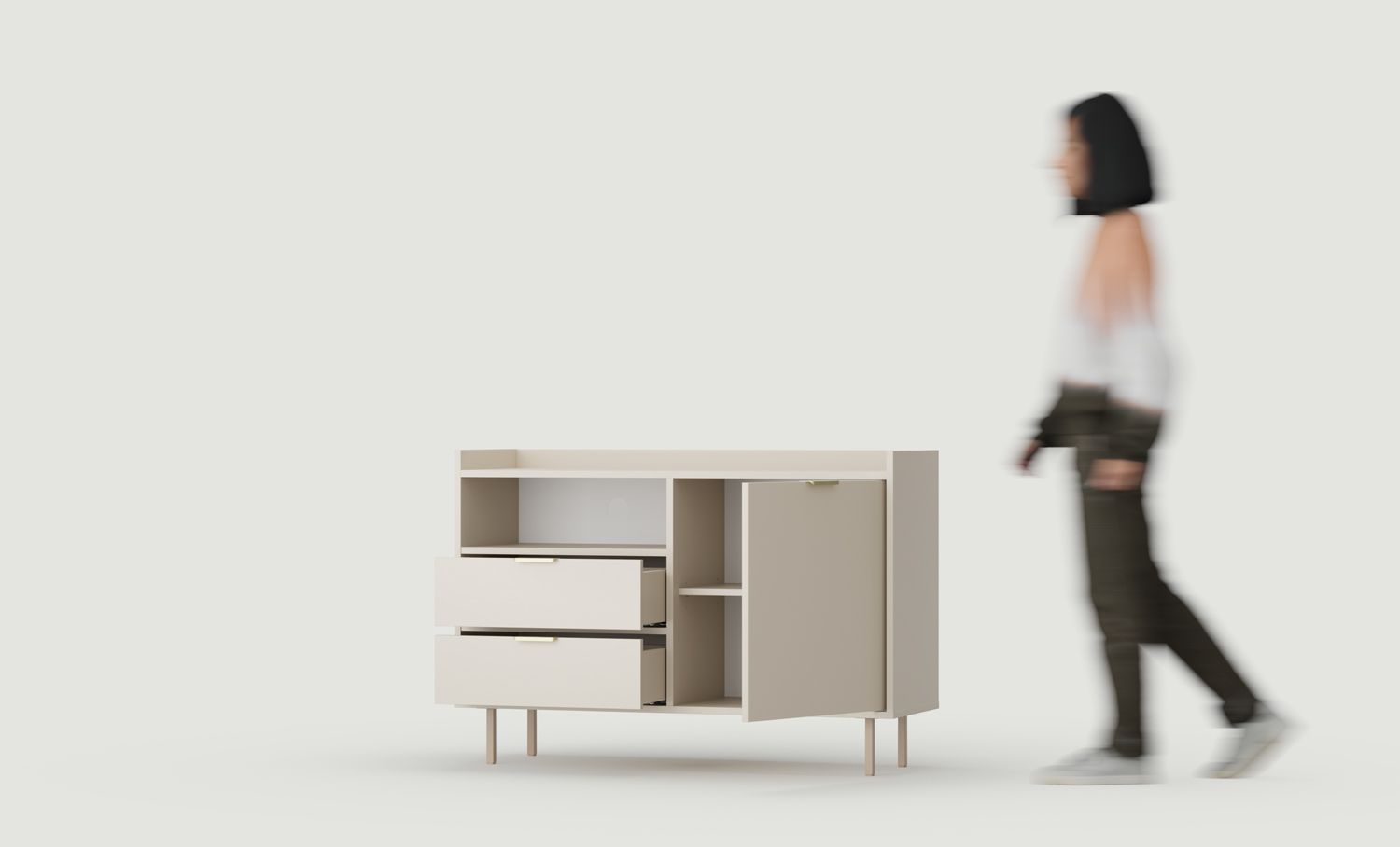RTV-Schrank SIGI KS2TV2S Kommode
Farbe: Woolly Cashmere
Bein: Cappuccino
Griff: LING Gold