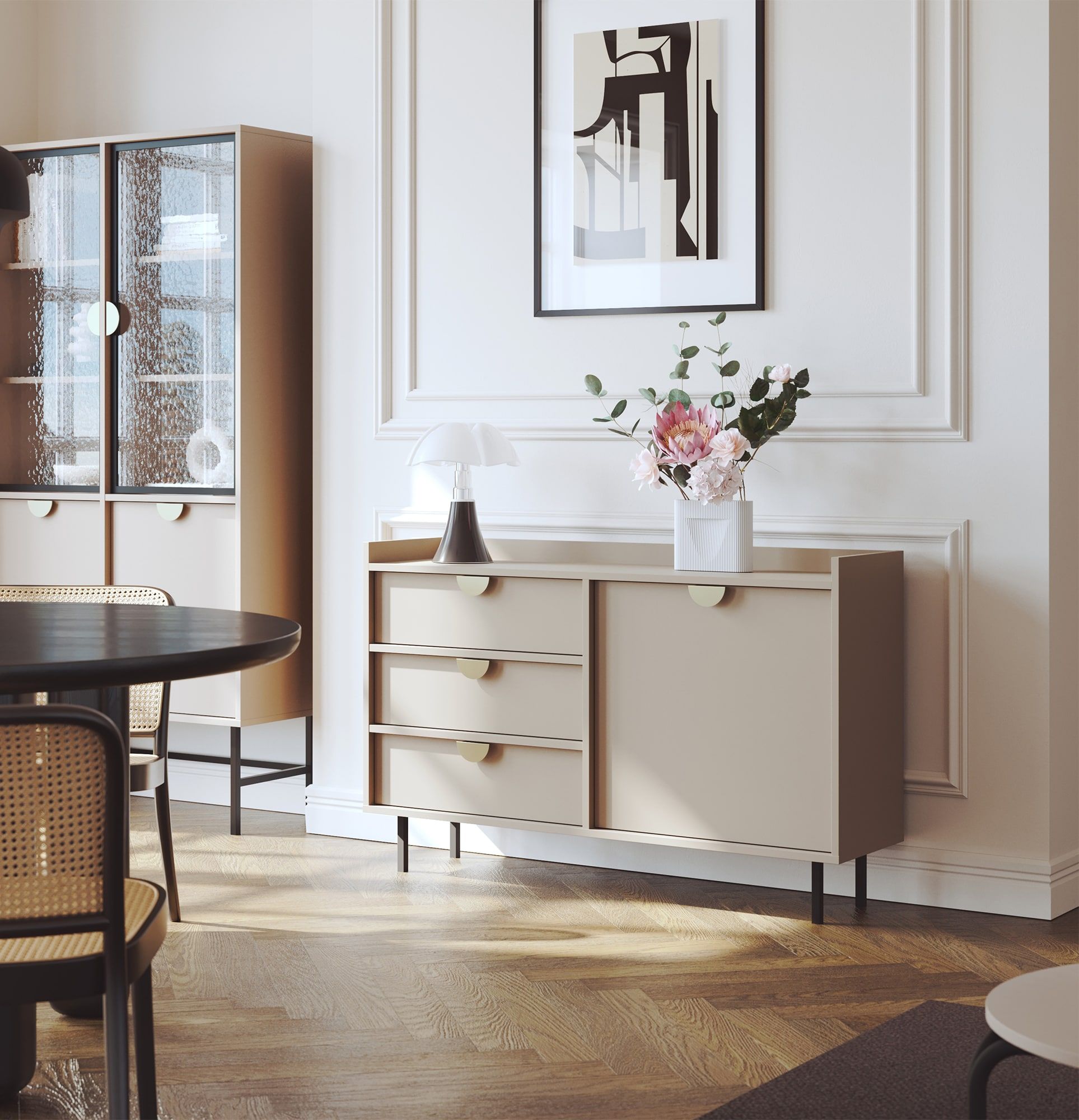 RTV-Schrank SIGI KS2TV3S
Farbe: Cappuccino
Fuß: Schwarz
Griff: RIND-Griff Gold