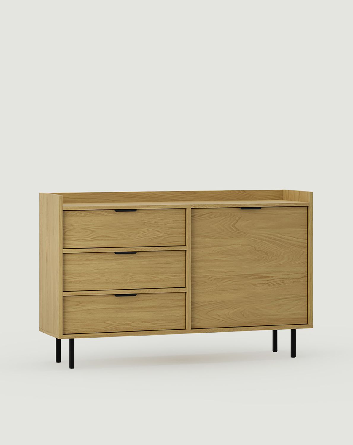 RTV-Schrank SIGI KS2TV3S
Farbe: Eiche natur furniert
Bein: Schwarz
Griff: LING-Griff Schwarz