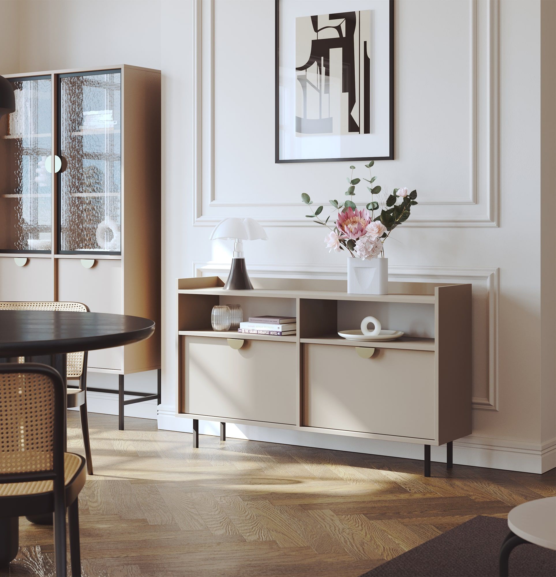 RTV-Schrank SIGI KS2TV4
Farbe: Cappuccino
Fuß: Schwarz
Griff: RIND-Griff Gold