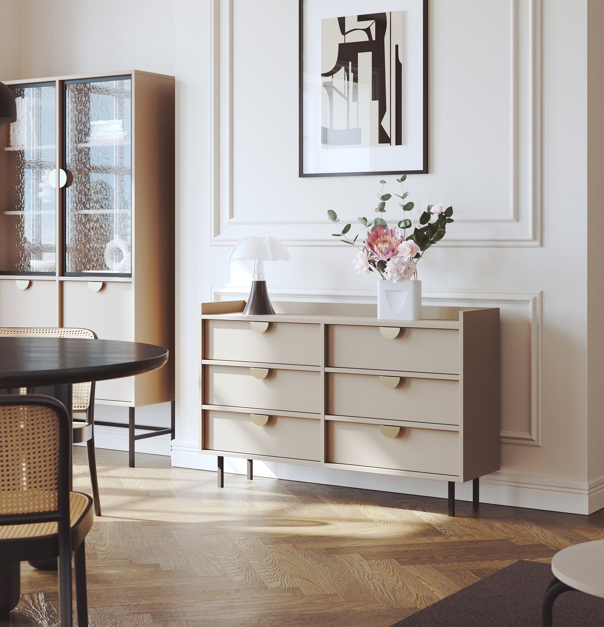 RTV-Schrank SIGI KS2TV6S
Farbe: Cappuccino
Bein: Schwarz
Griff: RIND Griff Gold