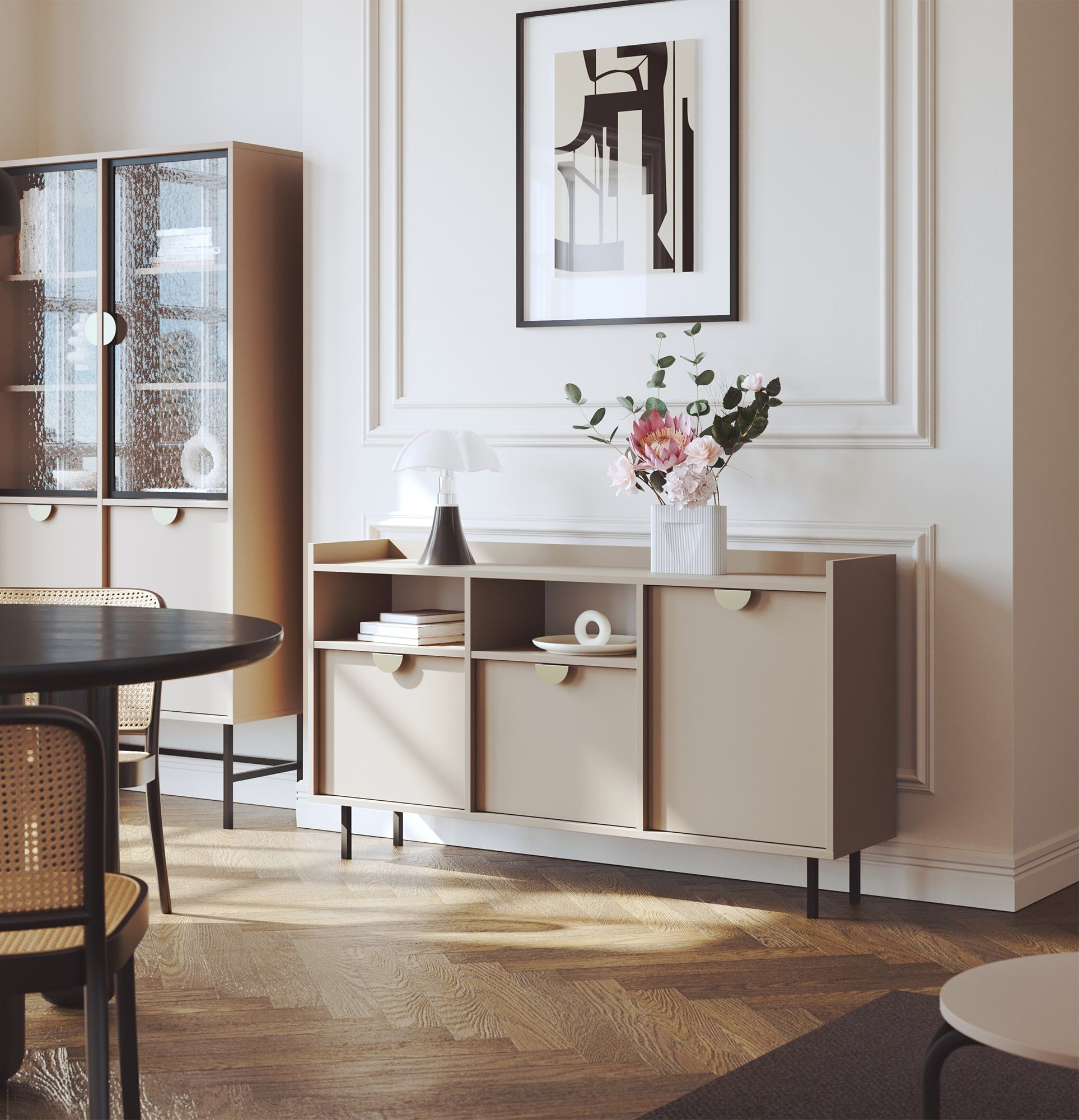 RTV-Schrank SIGI KSTV1
Farbe: Cappuccino
Fuß: Schwarz
Griff: RIND-Griff Gold