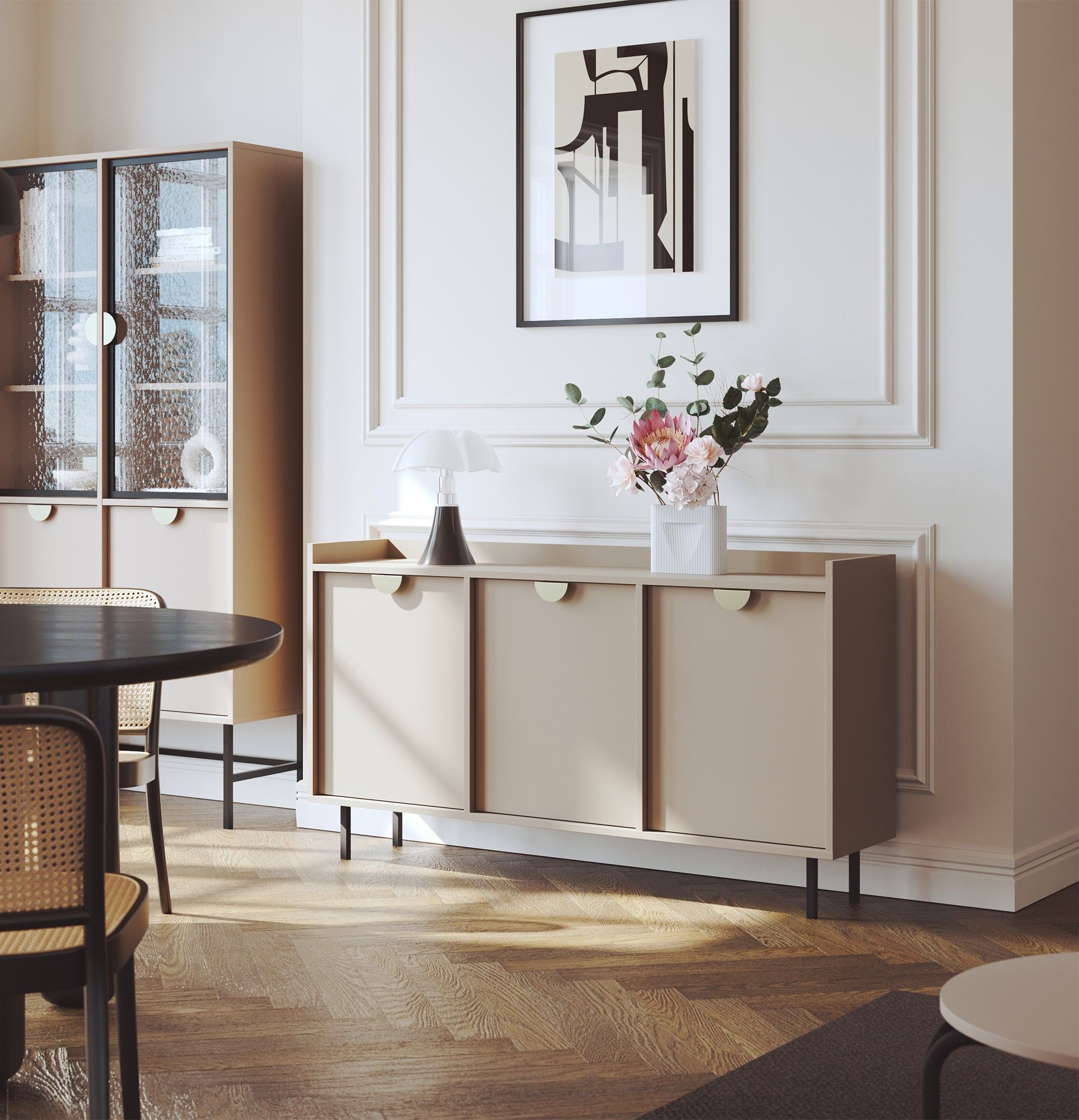 RTV-Schrank SIGI KSTV1K
Farbe: Cappuccino
Fuß: Schwarz
Griff: RIND-Griff Gold
