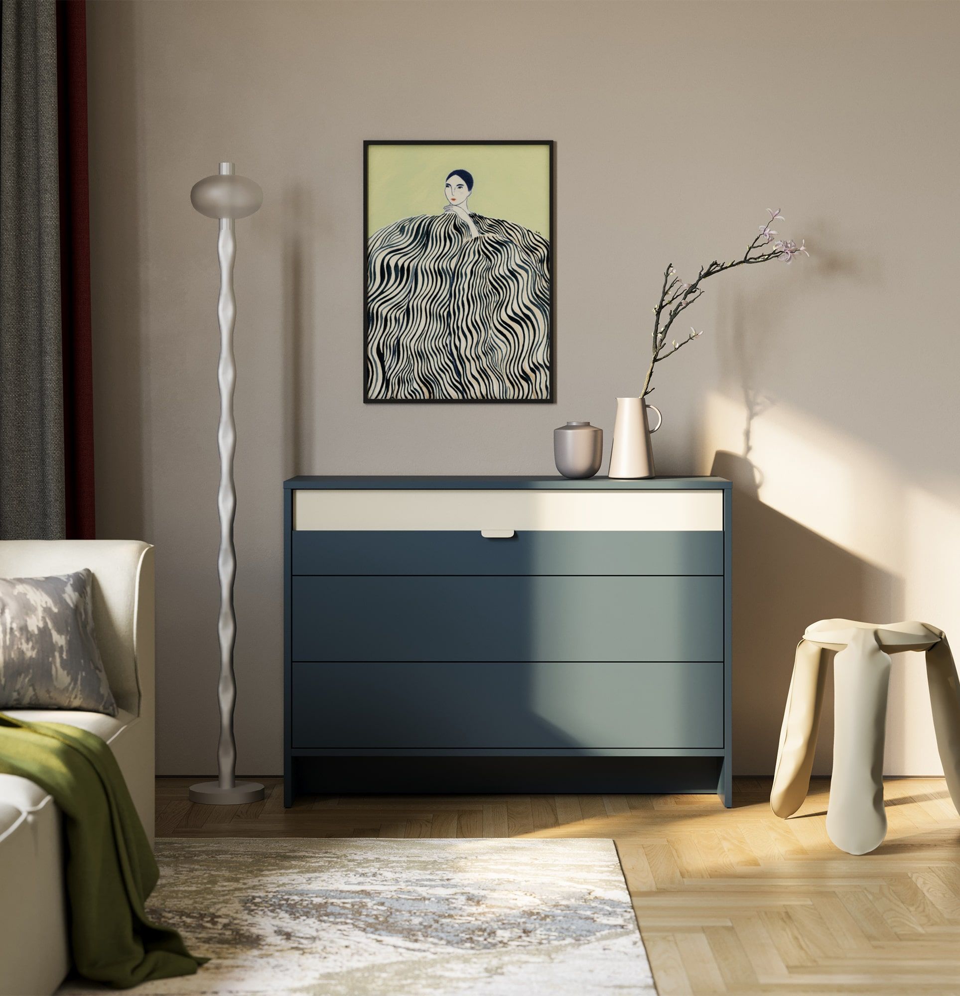 Kommode mit drei Schubladen LAYERS LAY11
Farbe: Night Sailing
Frontfarbe: Milky Way
Griff: LAYERS 110 Milky Way