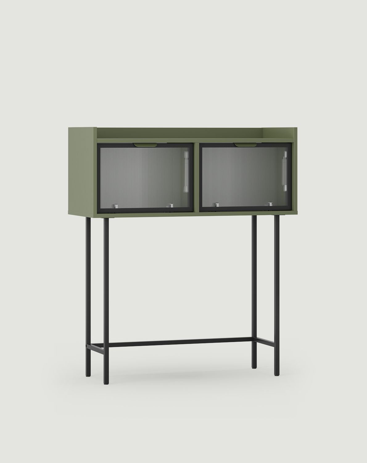 Hohe verglaste Konsole SIGI RKSW2
Farbe: Zypressengrün
Glas: geriffelt
Bein: Schwarz
Griff: LAYERS 110 Kantengriff Zypressengrün
