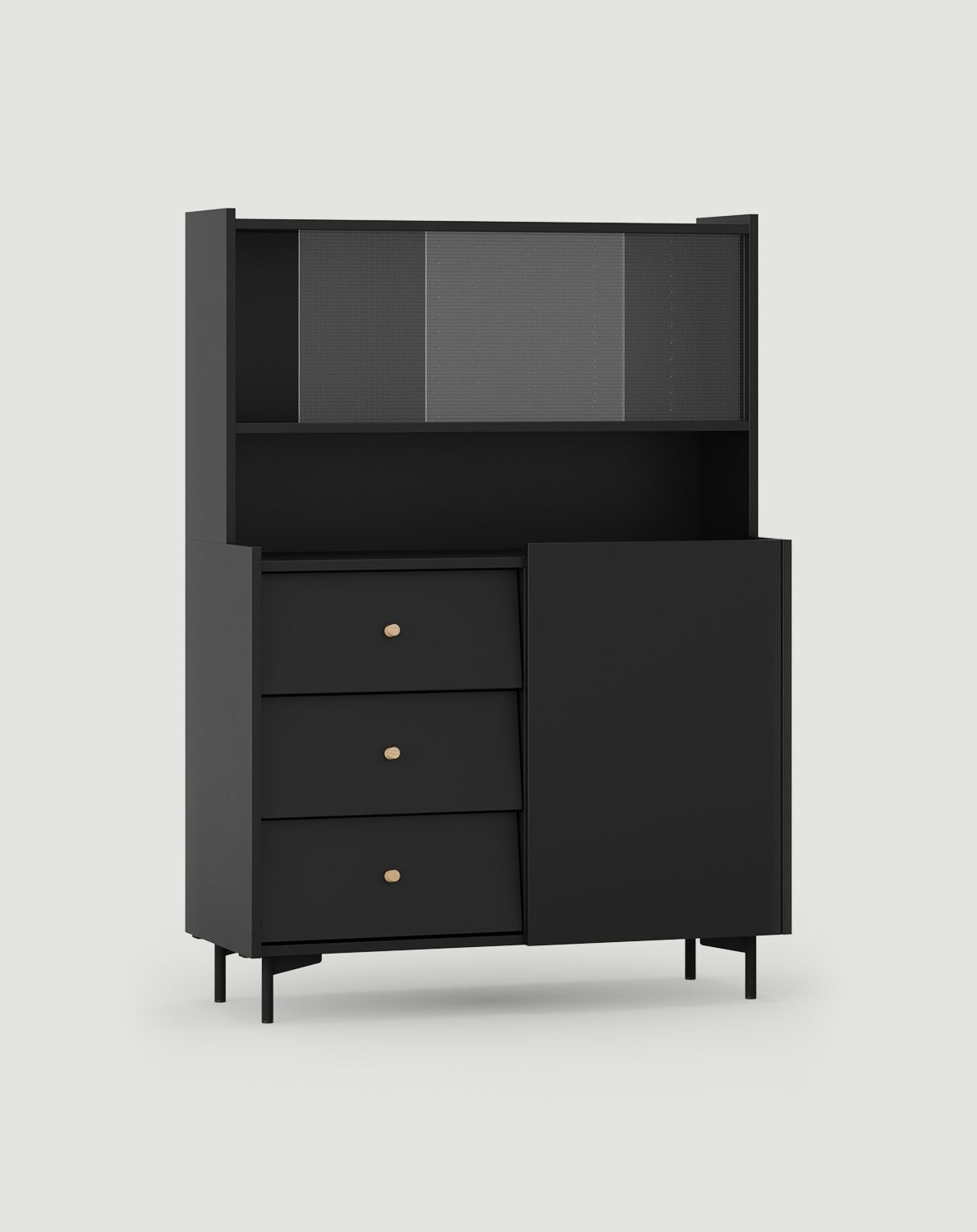 SKRA SKR44 Anrichte
Farbe: Schwarz Onyx
Beine: Schwarz
Griff: Eichenholzknauf