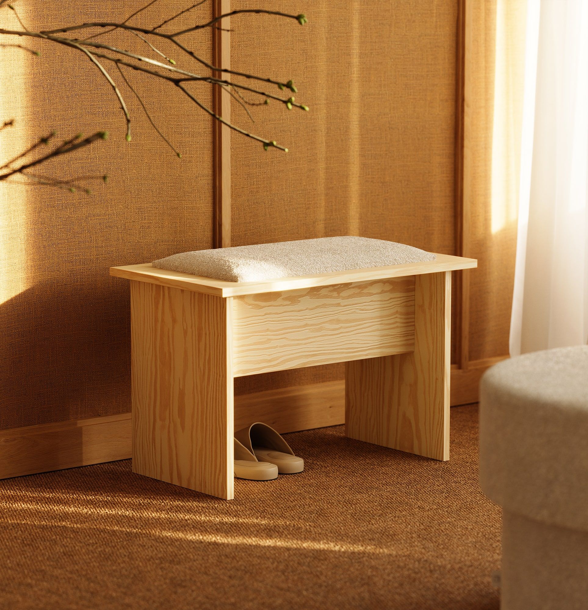 KABE LK01 Bank im JAPANI-Stil
Farbe: Flamme Kiefer
Farbe der Polsterung: Moss 01