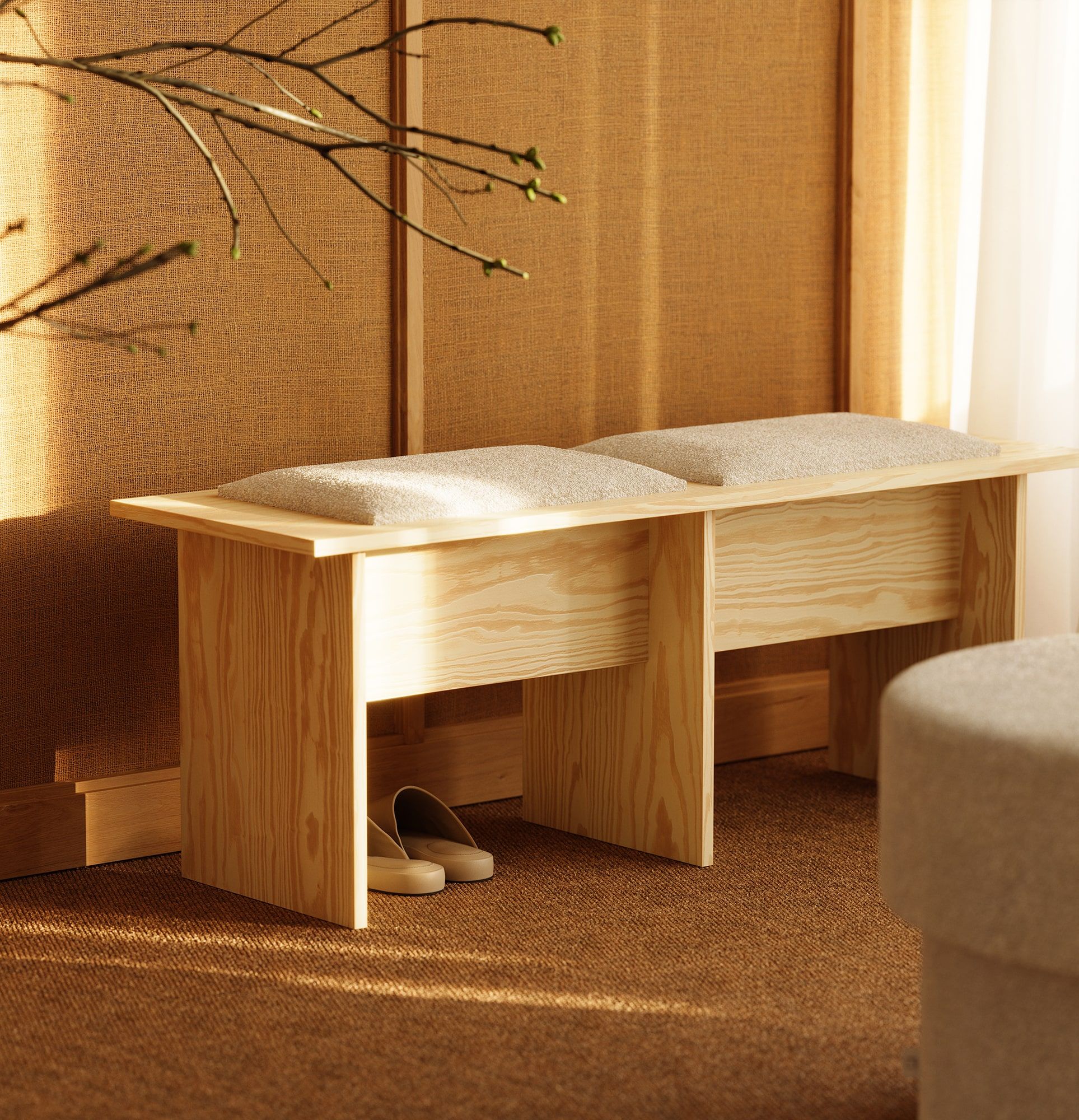 KABE LK02 Bank im JAPANI-Stil
Farbe: Flamme Kiefer
Farbe der Polsterung: Moss 01