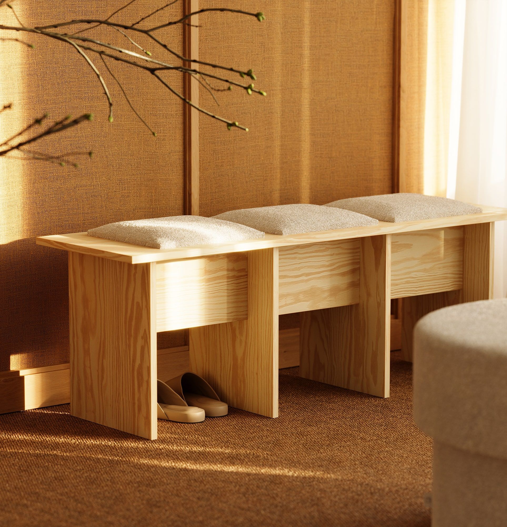 KABE LK03 Bank im JAPANI-Stil
Farbe: Flamme Kiefer
Farbe der Polsterung: Moss 01