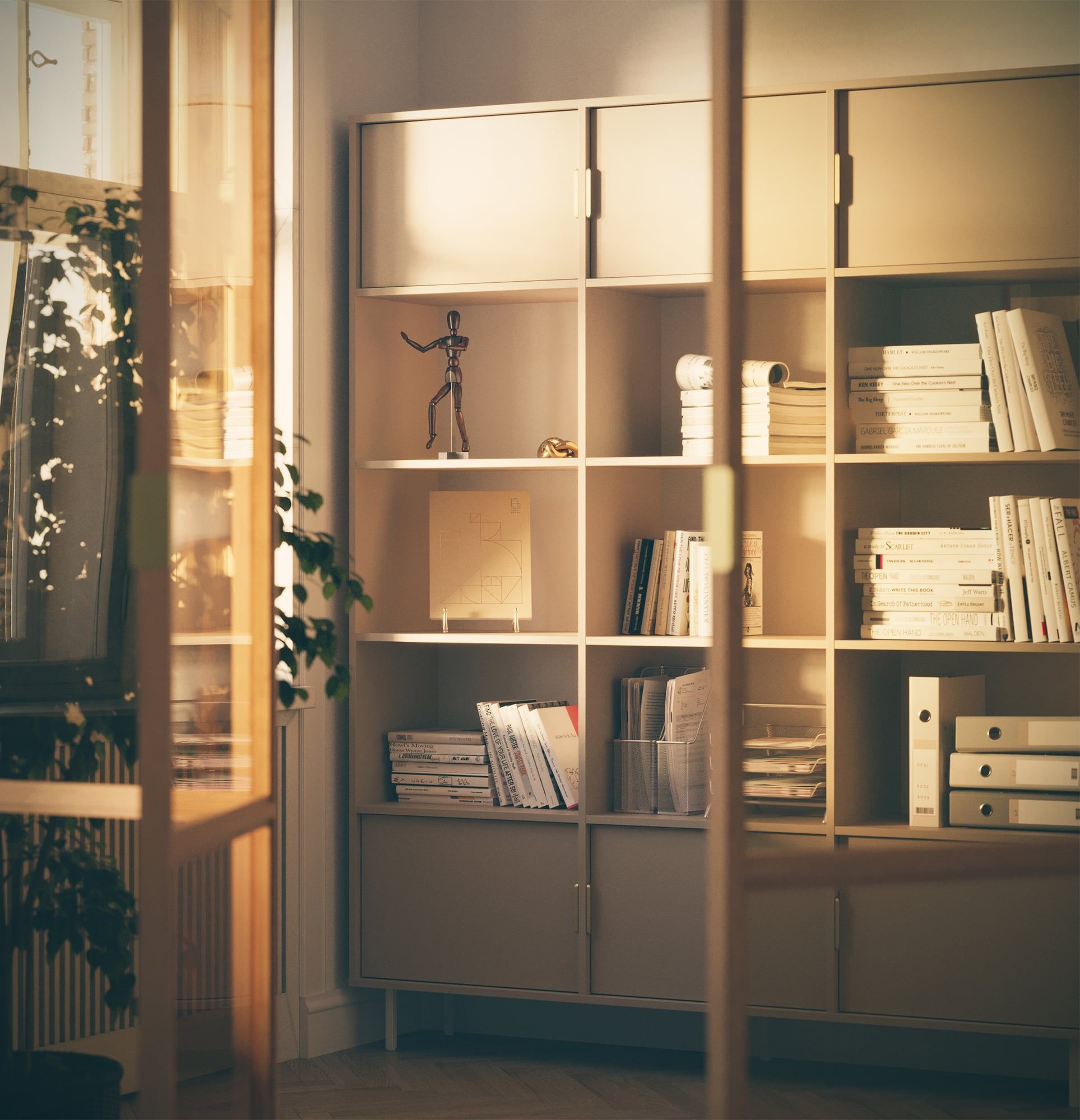 SIGI hohes Büro-Bücherregal SRWPRO3
Farbe: Champagner Beige
Beine: Weiß
Griff: LING gold
                            