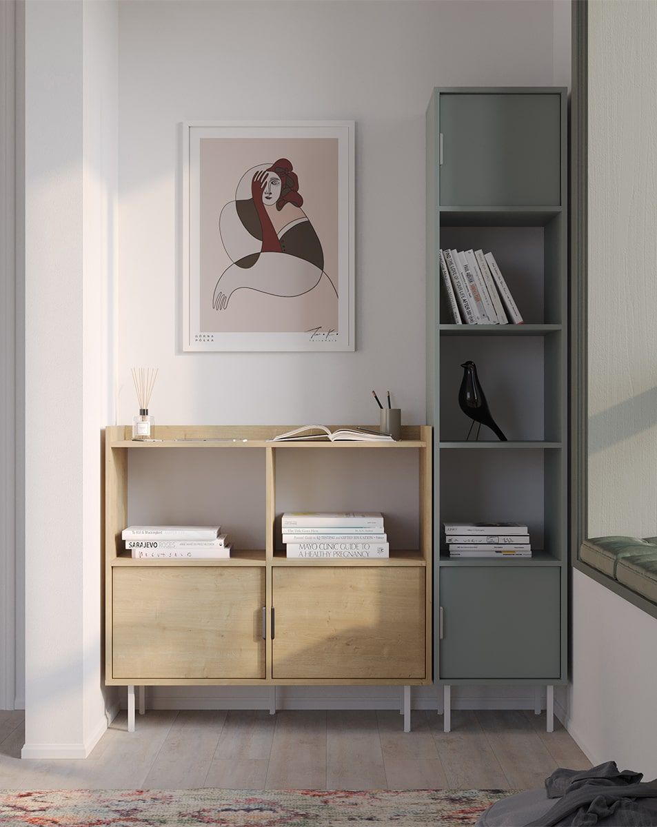 SIGI Büro-Bücherregal SRPRO1
Farbe: Hamilton Eiche
Bein: Weiß
Griff: LING Griff Schwarz