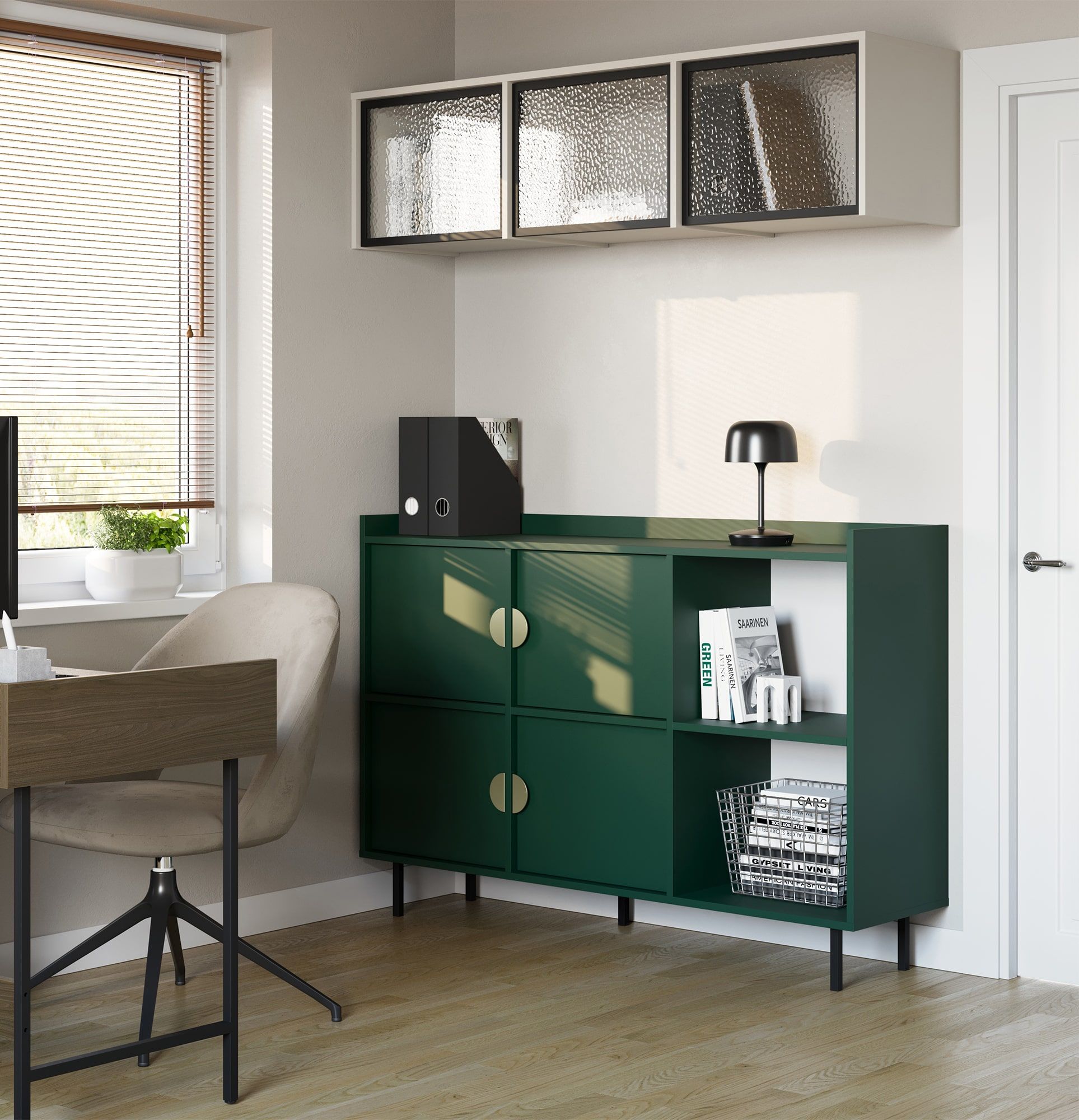 SIGI Büro-Bücherregal SRPRO2
Farbe: Precious Emerald
Bein: Schwarz
Griff: RIND Griff Gold
