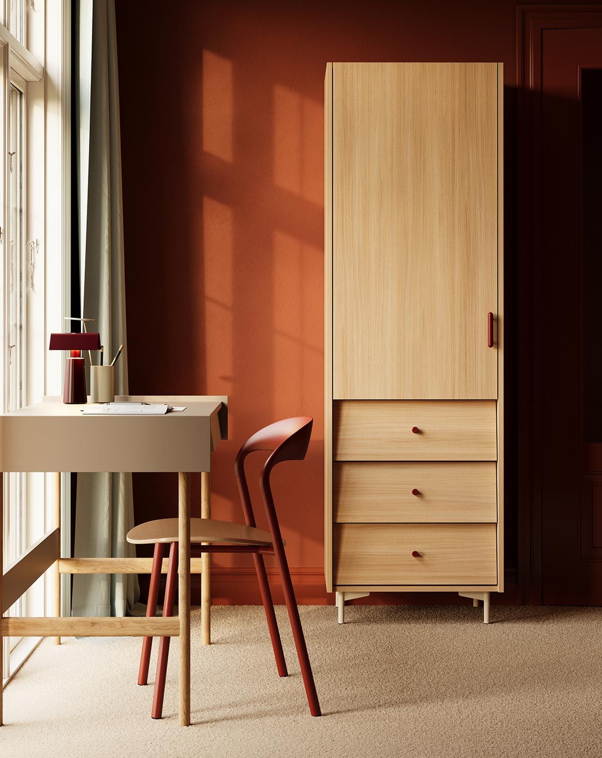 SKRA SKR76 Sockel
Farbe: Sand Eiche
Oberer Griff: Zigarre Burgund
Unterer Griff: Knauf Burgundy
Bein: Milky Way