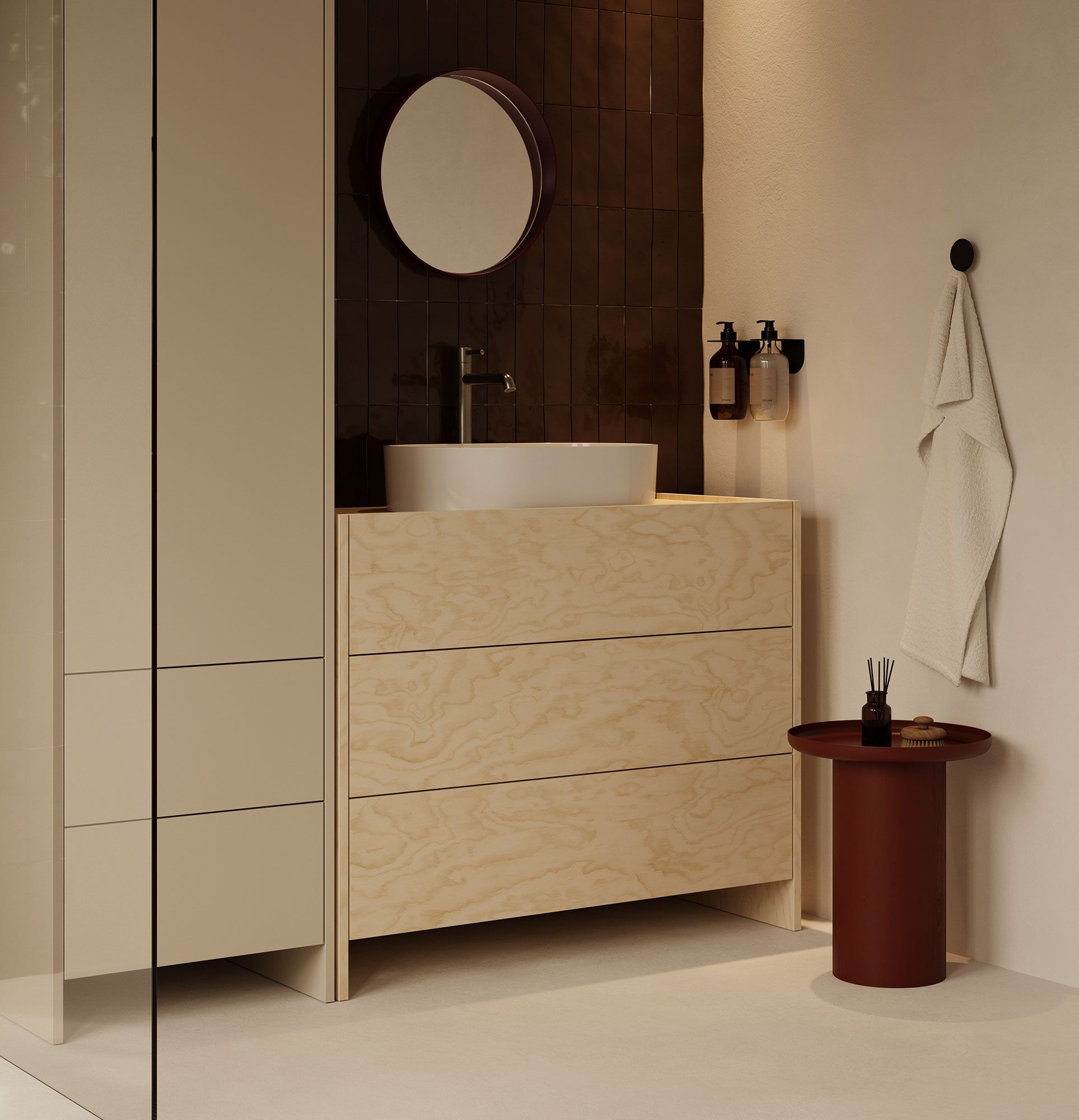 Schrank mit Waschbecken OMNIRES ASKA ASK28
Farbe: Birkensperrholz
Furnier: Birkensperrholz