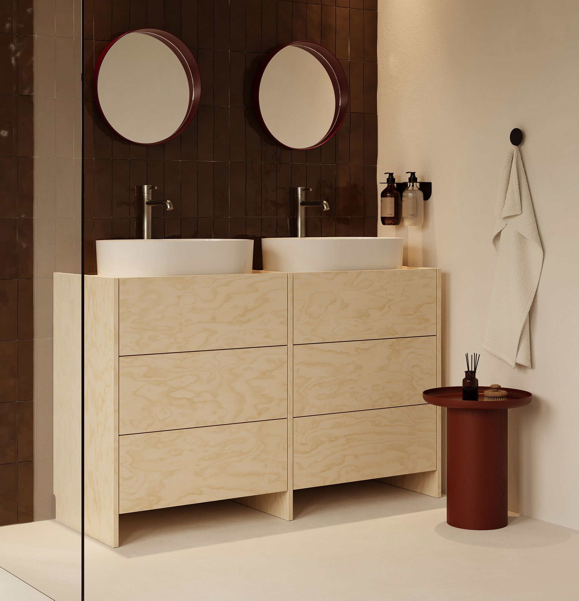 Schrank mit zwei Waschbecken OMNIRES ASKA ASK29
Farbe: Birkensperrholz
Furnier: Birkensperrholz