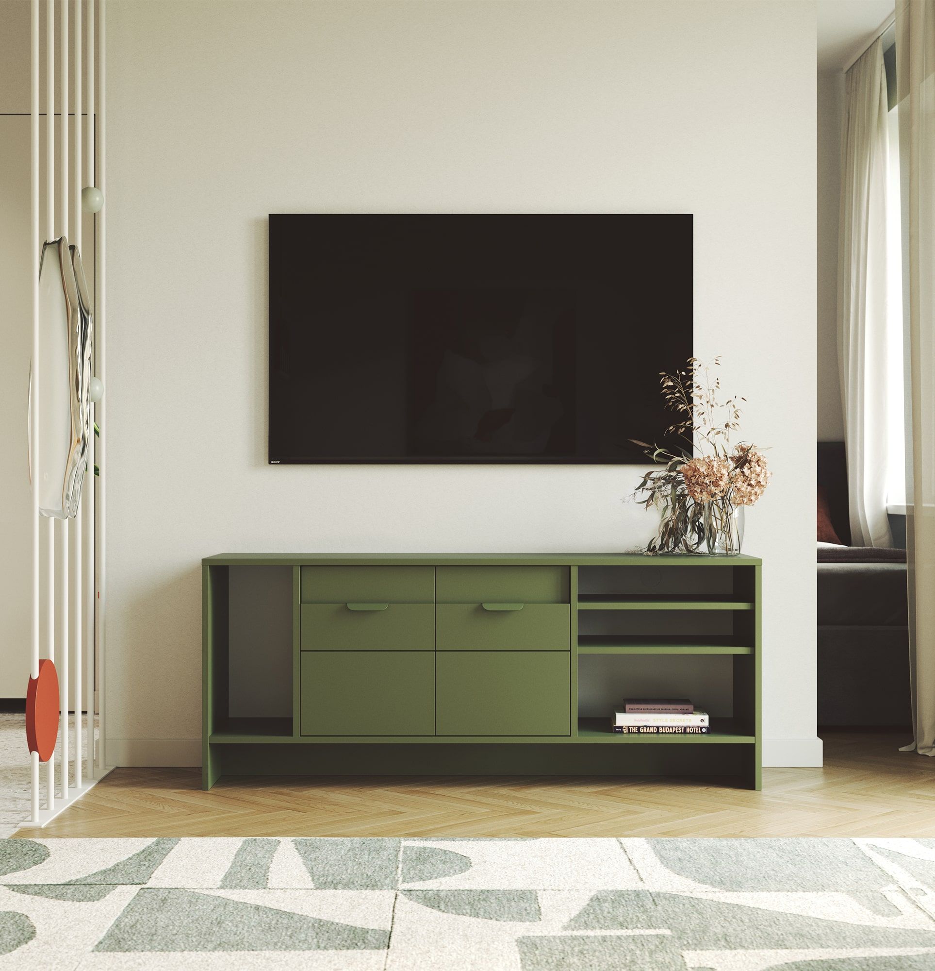 Anrichte Kommode LAYERS LAY56
Farbe: Zypressengrün
Farbe der zweiten Schicht Front: Zypressengrün
Griff: Griff LAYERS 110 Zypressengrün