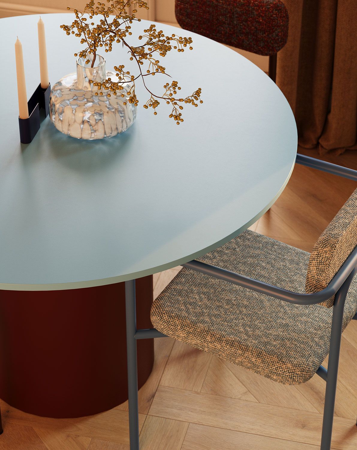 Esstisch LOOP LP1
Farbe der Tischplatte: Dove Blue
Bein: Marsrot
                            
