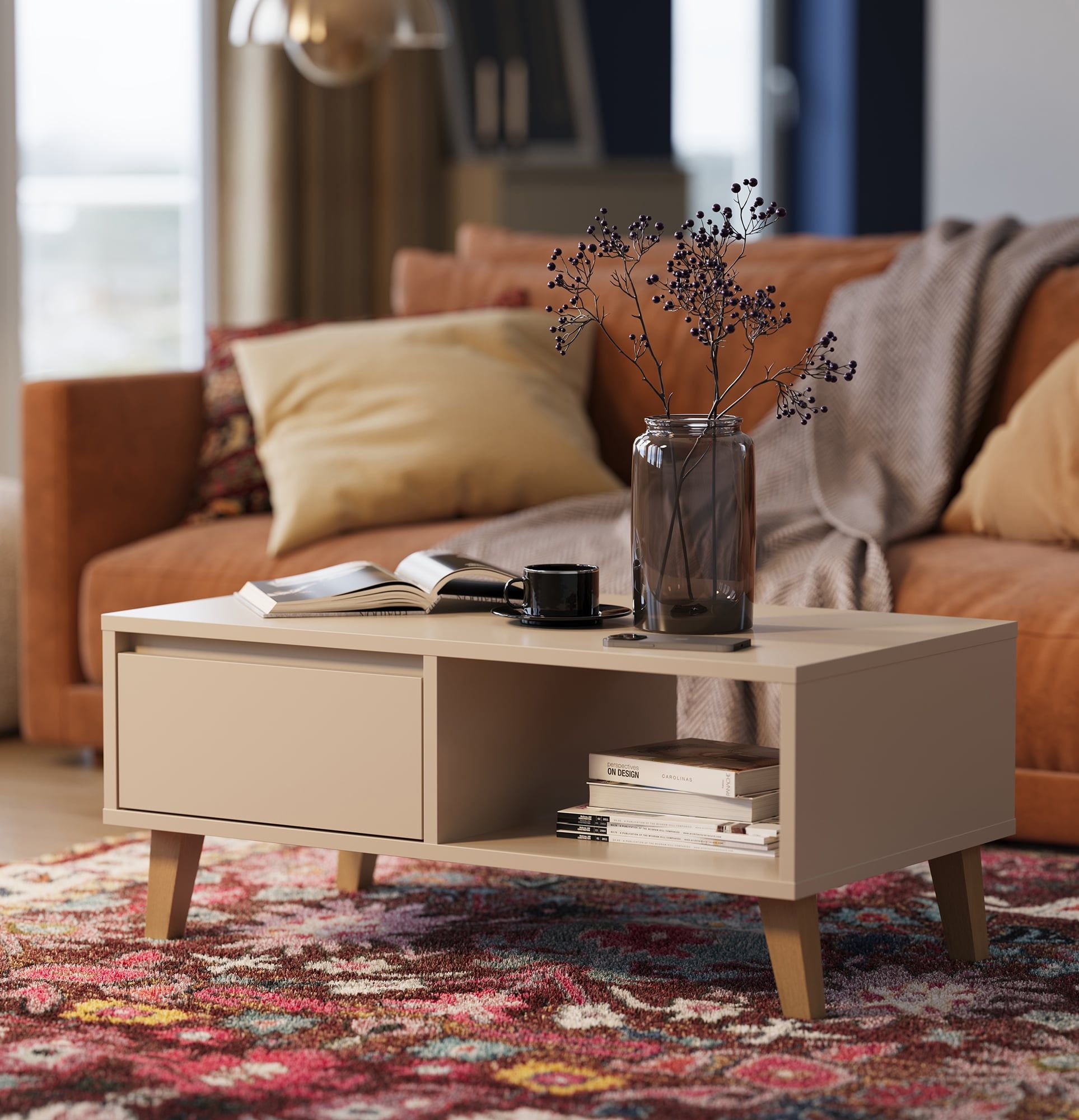 Couchtisch FENRIS SF1
Farbe: Esche Weiß Lehm
Beine: Trapezförmig Buche gebeizt