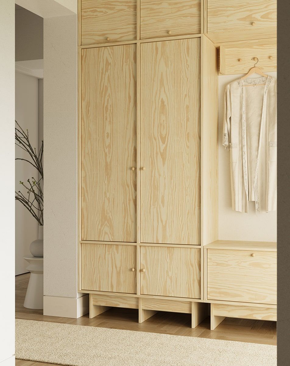 KABE SZK09 Kleiderschrank mit zwei Stangen im JAPANDI-Stil
Farbe: Kiefer geflammt
Griff: Holzkugelgriff KD