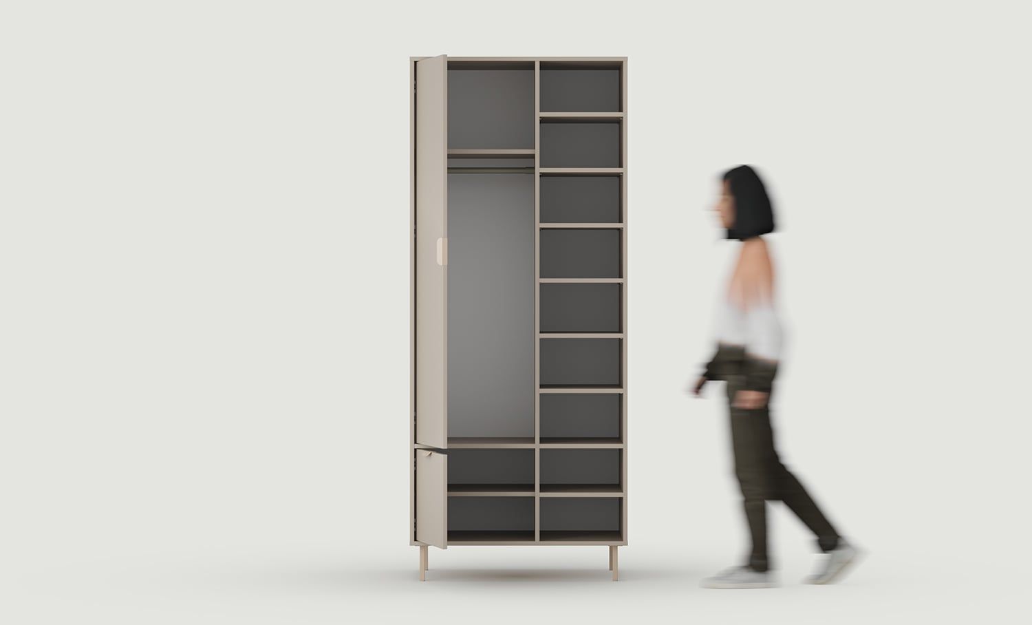 SIGI asymmetrischer tiefer Kleiderschrank mit Stange SZSA5
Farbe: Esche Lehm
Bein: Cappuccino
Griff: LAYERS 110 Cappuccino