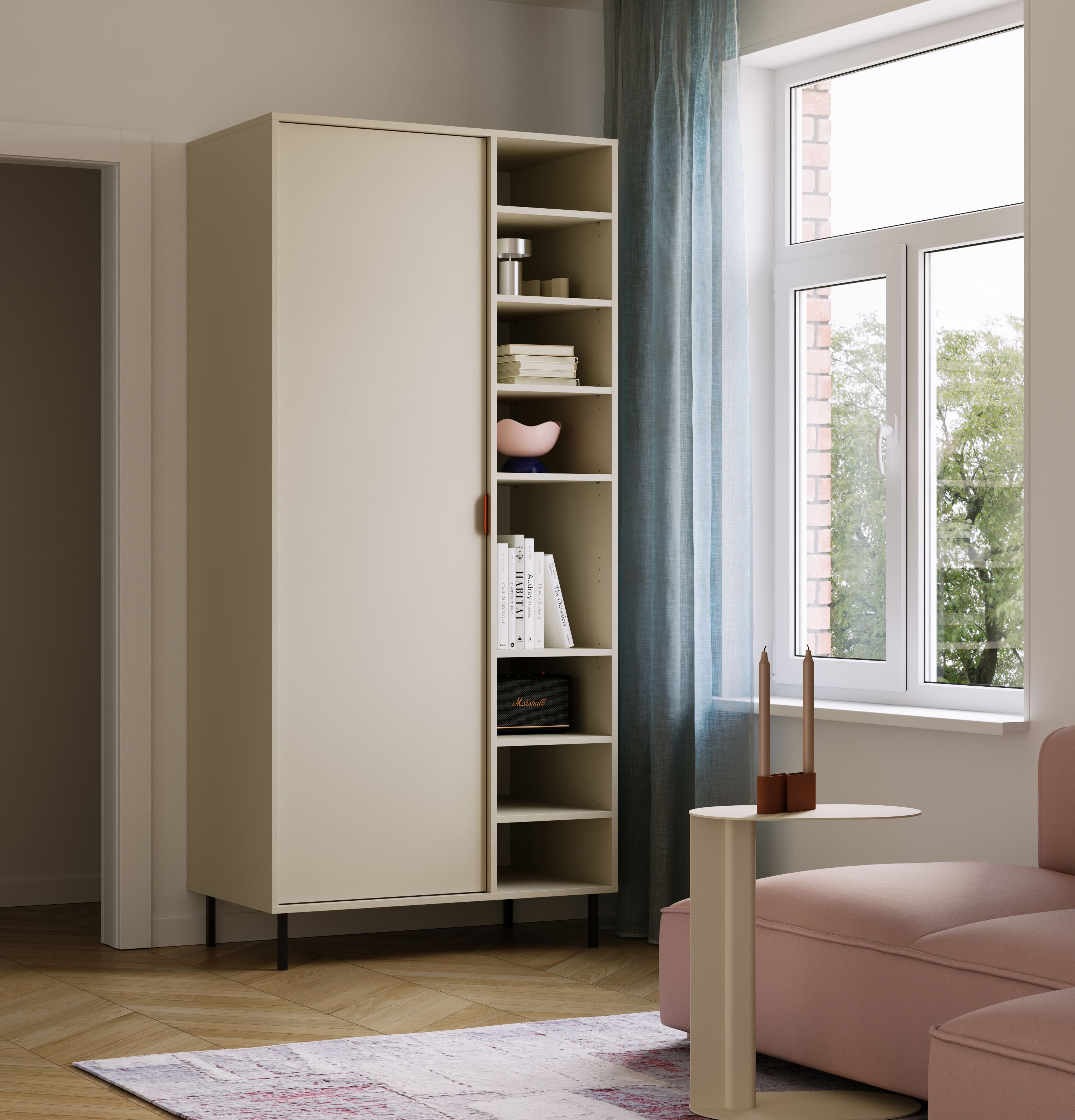 SIGI asymmetrische tiefe Garderobe mit Stange SZSA6
Farbe: Milky way
Bein: Schwarz
Griff: LAYERS 110 Feuriges Terrakotta