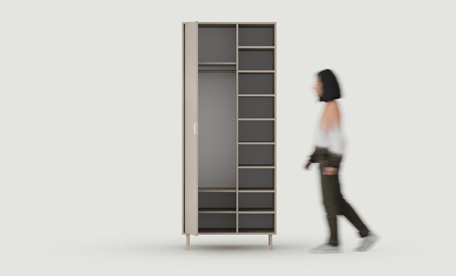 SIGI asymmetrischer tiefer Kleiderschrank mit Stange SZSA6
Farbe: Esche Lehm
Bein: Cappuccino
Griff: LAYERS 110 Cappuccino