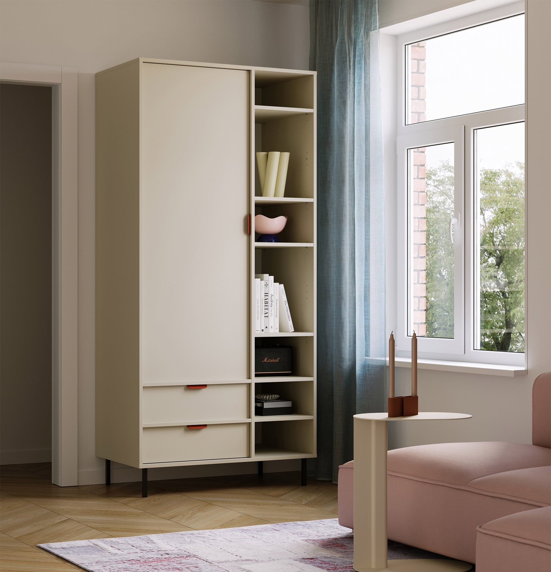 SIGI asymmetrische tiefe Garderobe mit Stange SZSA7
Farbe: Milky way
Bein: Schwarz
Griff: LAYERS 110 Feuer Terrakotta