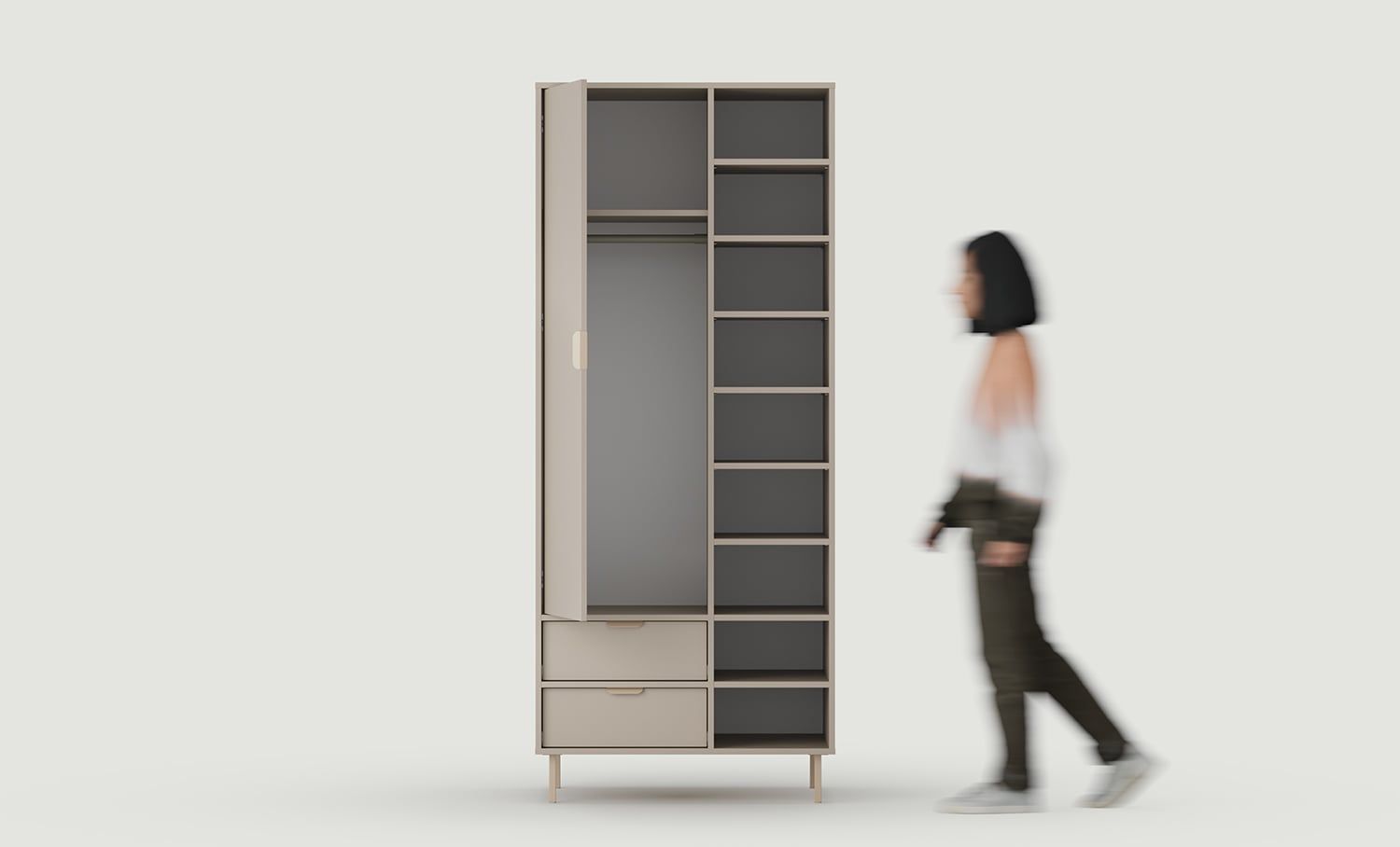 SIGI asymmetrischer tiefer Kleiderschrank mit Stange SZSA7
Farbe: Eschenweiß
Bein: Cappuccino
Griff: LAYERS 110 Cappuccino