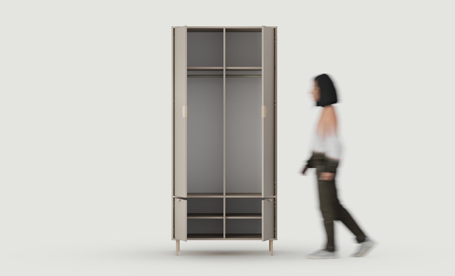 SIGI Zwei-Stangen-Tiefgarderobe SZS9
Farbe: Esche Weiß Lehm
Bein: Cappuccino
Griff: LAYERS 110 Cappuccino