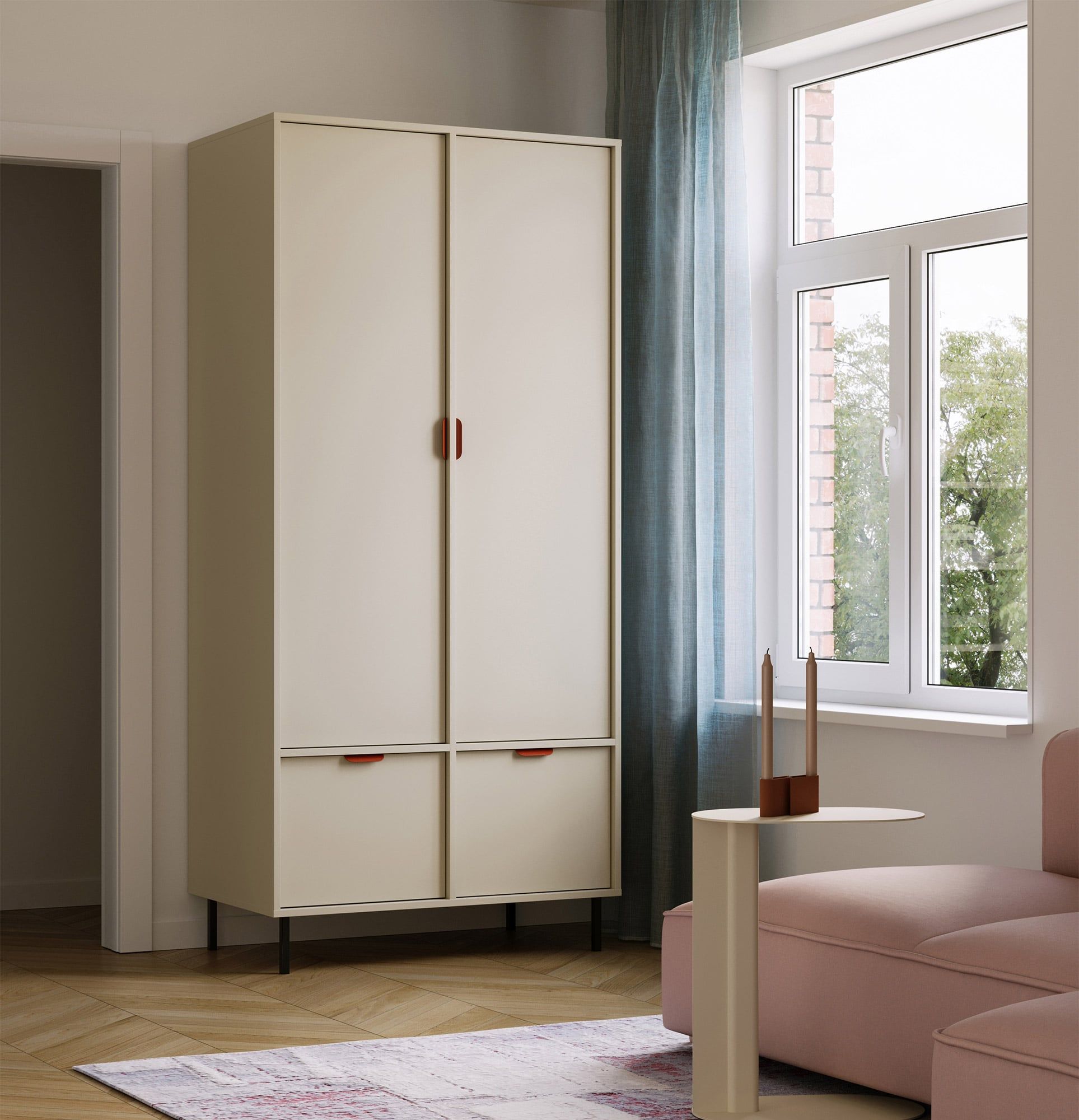 SIGI Tiefgarderobe mit Stange SZS7
Farbe: Milky way
Bein: Schwarz
Griff: LAYERS 110 Feuer Terrakotta