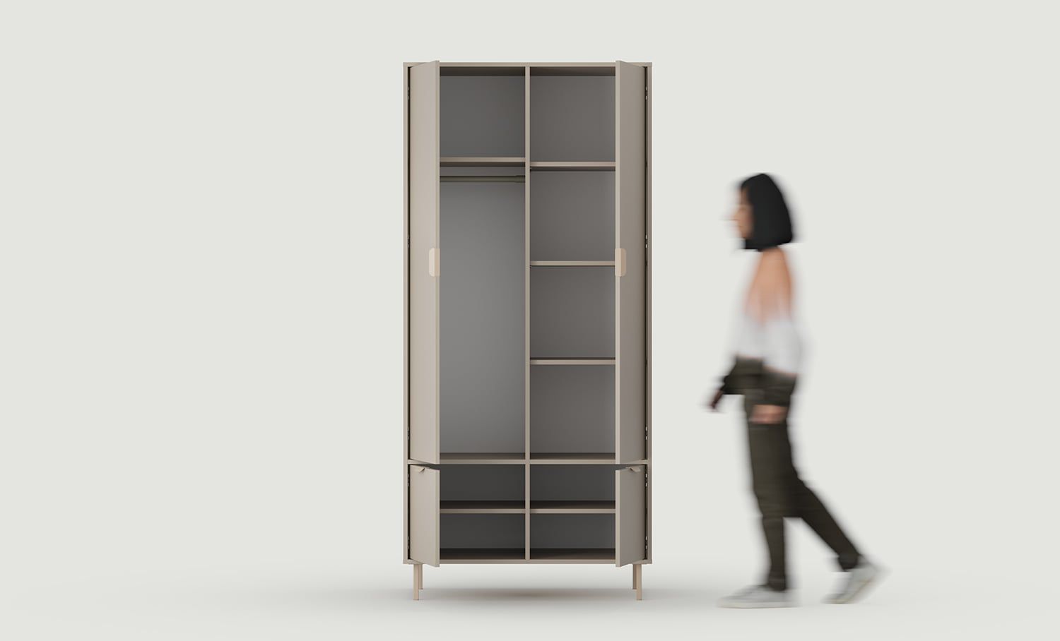 SIGI Tiefgarderobe mit Stange SZS7
Farbe: Esche Weiß Lehm
Bein: Cappuccino
Griff: LAYERS 110 Cappuccino