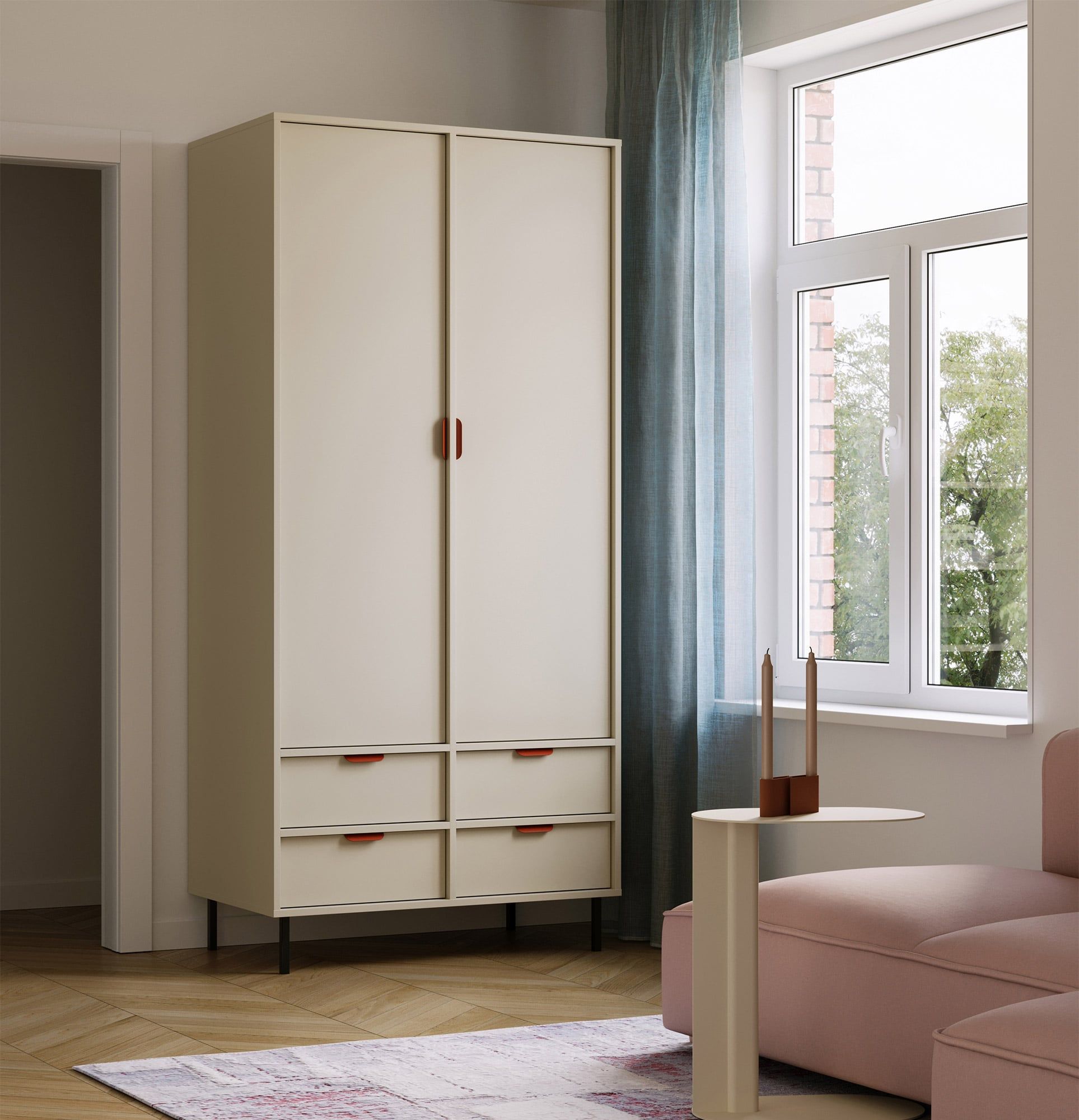 SIGI Tiefgarderobe mit Stange SZS8
Farbe: Milky Way
Bein: Schwarz
Griff: LAYERS 110 Feuer Terracotta