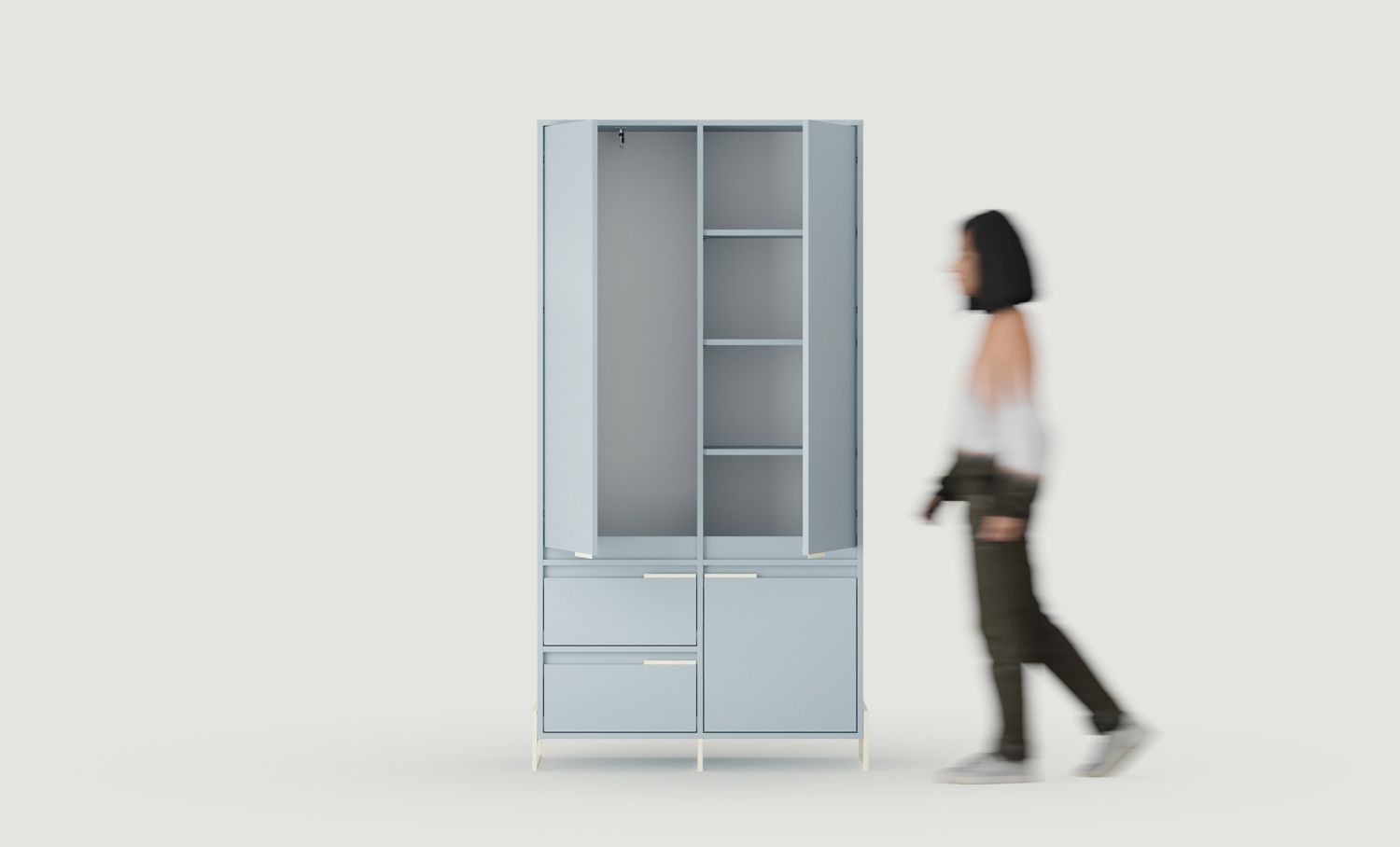 INEA ISZ1S Kleiderschrank
Farbe: Taubenblau
Farbe der Beine und Griffe: Stahl Inea Milky Way